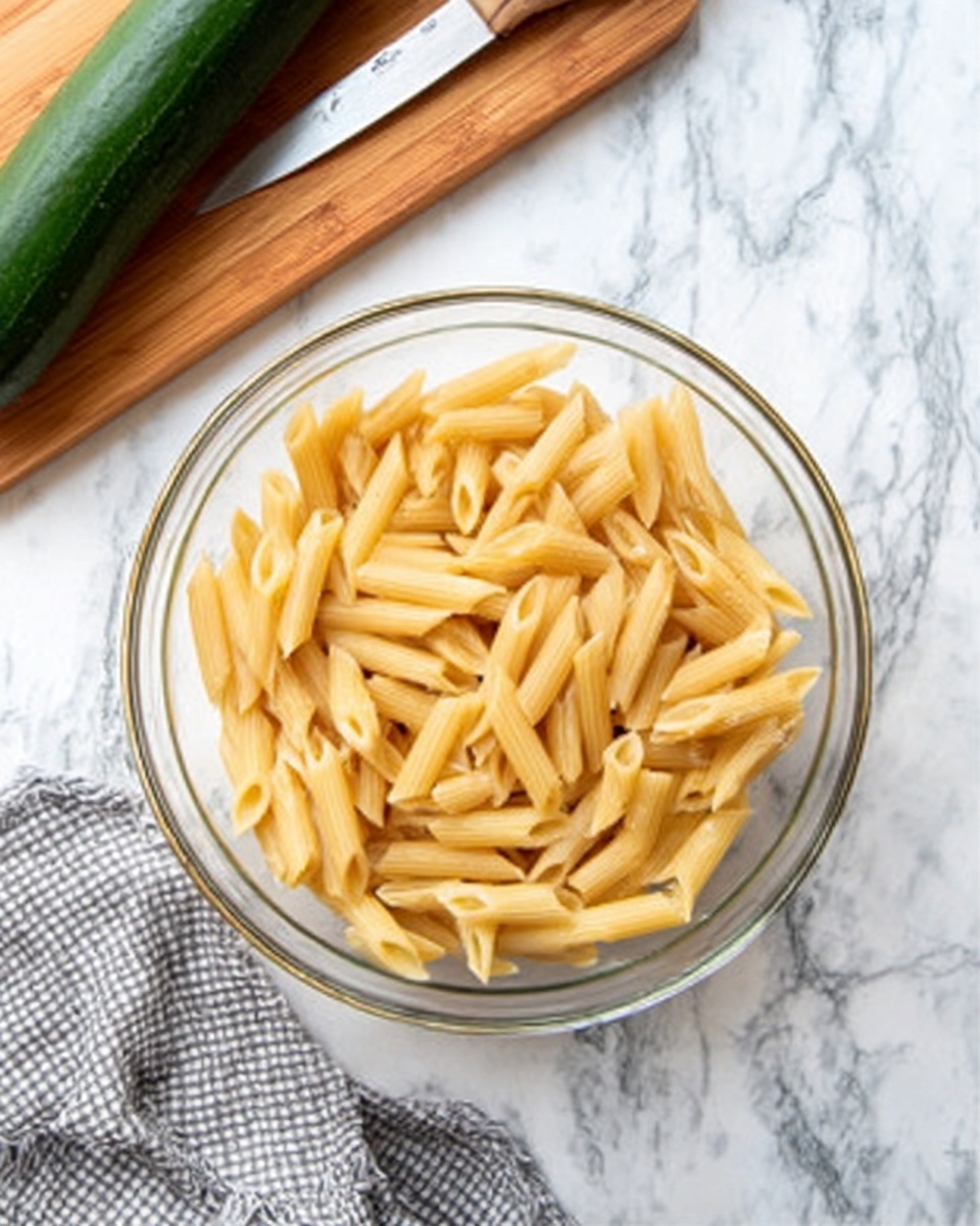 The image shows a clear glass bowl filled with plain cooked penne pasta. The pasta is light yellow and smooth, with each piece sitting evenly inside the bowl. The bowl is placed on a white marbled surface. Nearby, on the same surface, there is a wooden cutting board with a whole green cucumber and a knife resting on it. A woman’s hand is not visible in the image. The background also includes a gray and white checkered cloth. photo taken with an iphone --ar 4:5 --v 7