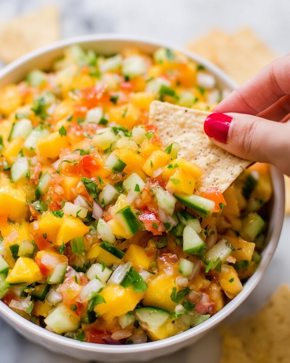 A close-up image shows a white bowl filled with a colorful salsa made of small, chopped pieces of yellow mango, green cucumber, white onion, and red tomato, mixed with small bits of green herbs. A woman's hand with red-painted nails is holding a light triangular tortilla chip dipped into the salsa, picking up some of the mixture. The salsa looks fresh and juicy, with a mix of soft and crunchy textures. The background is a white marbled surface. photo taken with an iphone --ar 4:5 --v 7