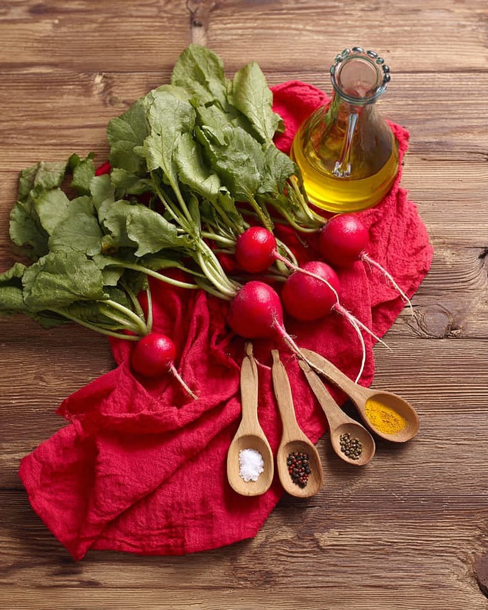 The image shows several fresh radishes with green leaves on top of a red cloth lying on a wooden surface. Next to the radishes are three small wooden spoons filled with salt, black pepper, and a yellow spice, arranged in a fan shape. Above the spoons is a clear glass bottle of olive oil. The scene is simple and rustic with a warm wooden background. photo taken with an iphone --ar 4:5 --v 7