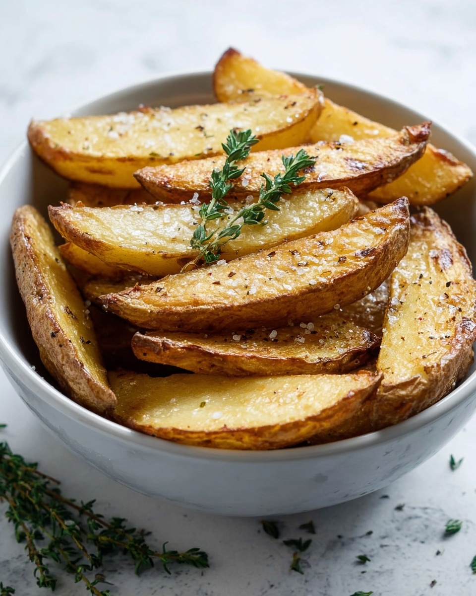 A white plate filled with thick, golden-brown potato slices stacked irregularly, showing crispy edges and a soft texture inside. The potato slices have light salt grains sprinkled on top and are garnished with small green thyme sprigs placed carefully over them. The plate is on a white marbled surface with a few extra thyme sprigs nearby. Photo taken with an iphone --ar 4:5 --v 7