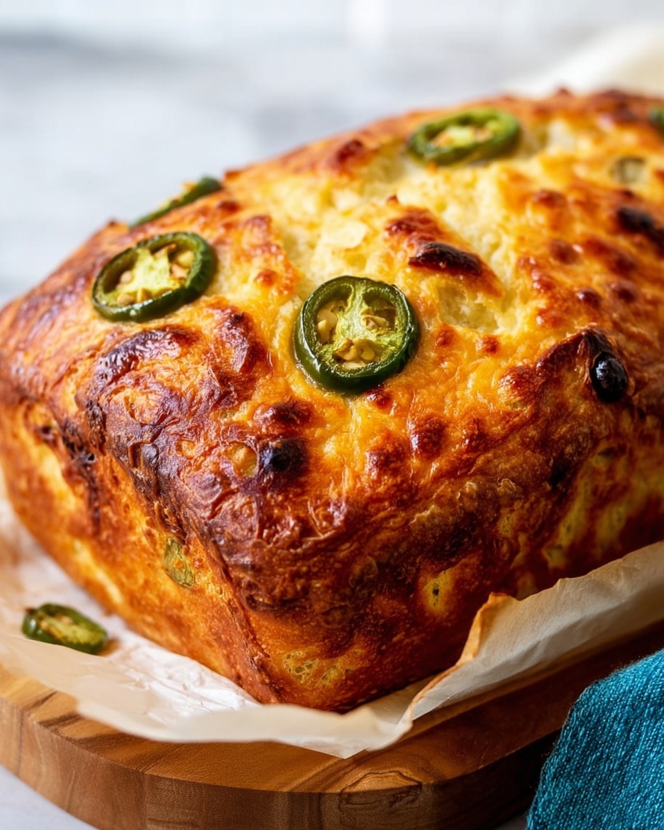 A close-up of a golden brown baked bread loaf placed on white parchment paper over a wooden board, with a few sliced jalapeño peppers on top showing green and charred edges. The bread’s surface is bubbly and textured with a shiny, slightly crispy crust, featuring spots of deeper brown where the cheese melted and browned. The background has a white marbled texture with a blue cloth partially visible on the right side. photo taken with an iphone --ar 4:5 --v 7