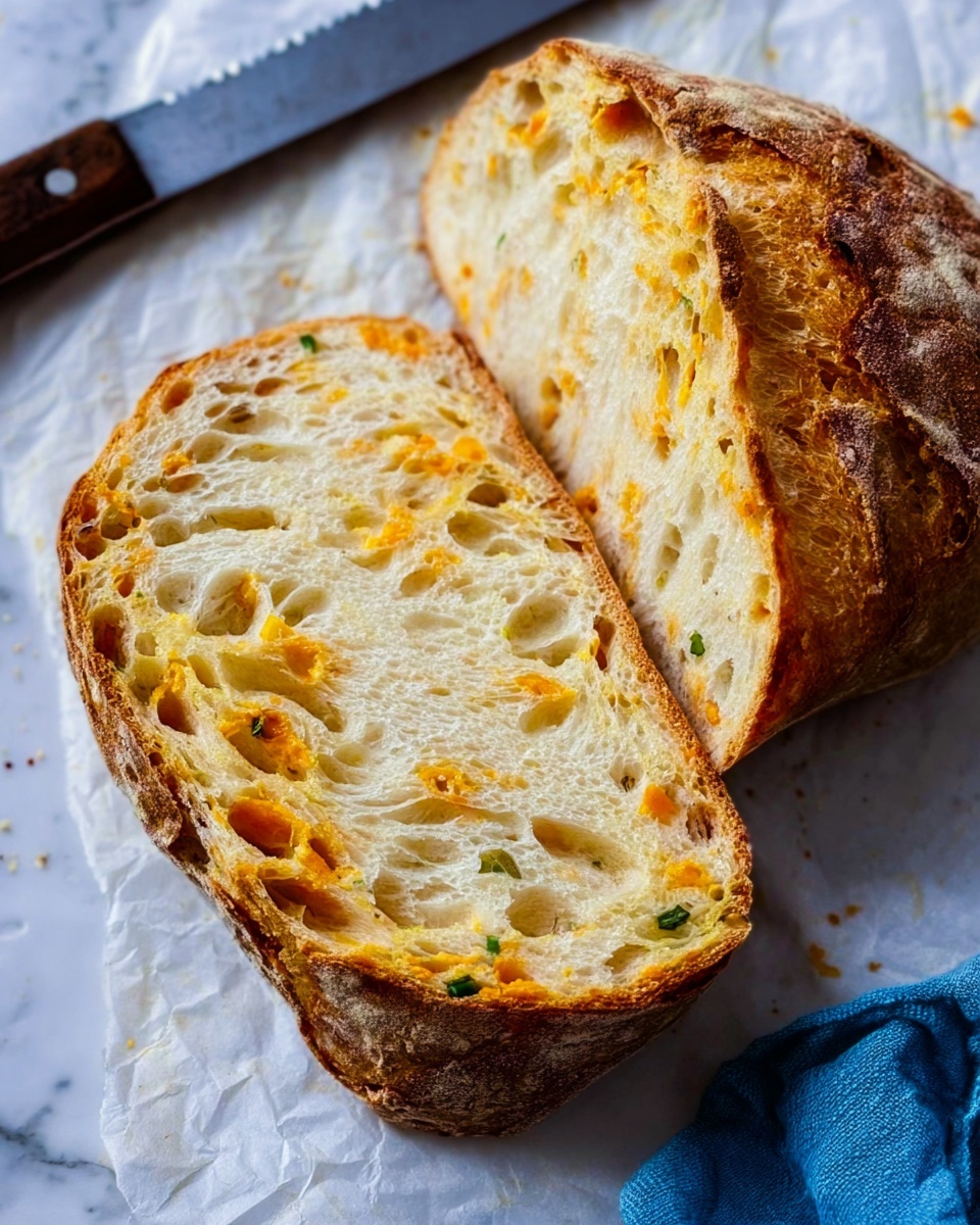 Jalapeno Cheddar Dutch Oven Bread Recipe 5 Two thick slices of bread lie on a white marbled surface covered with light parchment paper. The bread has a golden-brown crust with a slightly rough texture, showing a well-baked outer layer. The inside is soft and white with small air holes and swirls of orange cheese mixed throughout, along with some green specks, likely herbs. A serrated knife with a dark handle rests diagonally in the background, and a blue cloth is partially visible on the right edge of the image. photo taken with an iphone --ar 4:5 --v 7
