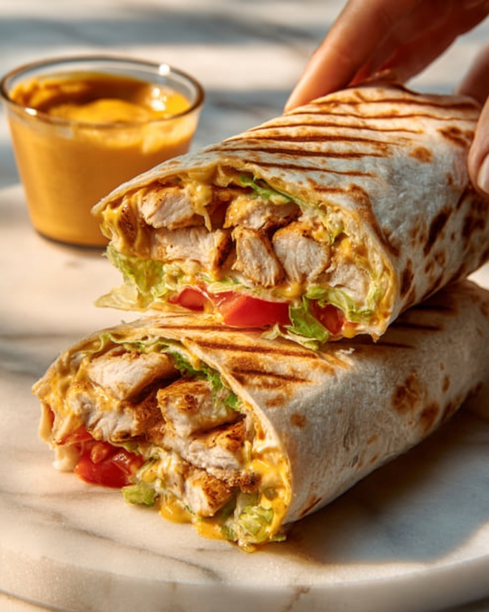 The image shows two grilled wraps stacked on a white marbled surface. Each wrap has a lightly toasted, golden-brown outer layer with grill marks. Inside, you can see three visible layers: tender cooked chicken strips with a light, grilled texture; a creamy yellowish sauce; and fresh vegetables including red tomato slices and green lettuce. Near the top left, there is a small glass bowl filled with what looks like a thick, orange-yellow sauce. A woman's hand is reaching near the wraps as if ready to pick one up. The whole scene is bright with natural lighting, creating soft shadows around the wraps. Photo taken with an iphone --ar 4:5 --v 7