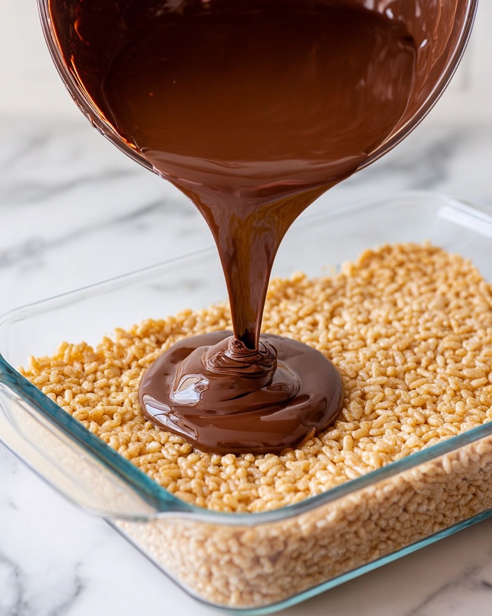 A white marbled surface holds a clear glass rectangular dish filled with a thick layer of light brown crispy rice cereal pressed evenly inside. Above the dish, a woman's hand pours a smooth, shiny layer of dark milk chocolate from a transparent mixing bowl, creating a glossy chocolate pool that spreads over the crispy rice base. The contrast between the light cereal and rich chocolate is clear, with the chocolate’s texture looking soft and flowing while the rice layer looks crunchy and solid. photo taken with an iphone --ar 4:5 --v 7