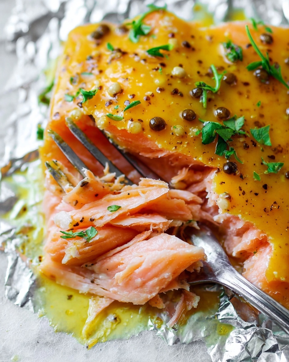 The image shows a close-up of a cooked salmon piece with three visible layers: the top layer is a bright yellow-orange sauce with mustard seeds and small green herb leaves scattered on it, the middle layer is the tender pink flesh of the salmon, and the bottom layer is a pale, broken-in-place salmon texture. A silver fork is gently pulling a small piece from the salmon, and the background features a crinkled silver foil. The whole scene is set on a white marbled texture. photo taken with an iphone --ar 4:5 --v 7