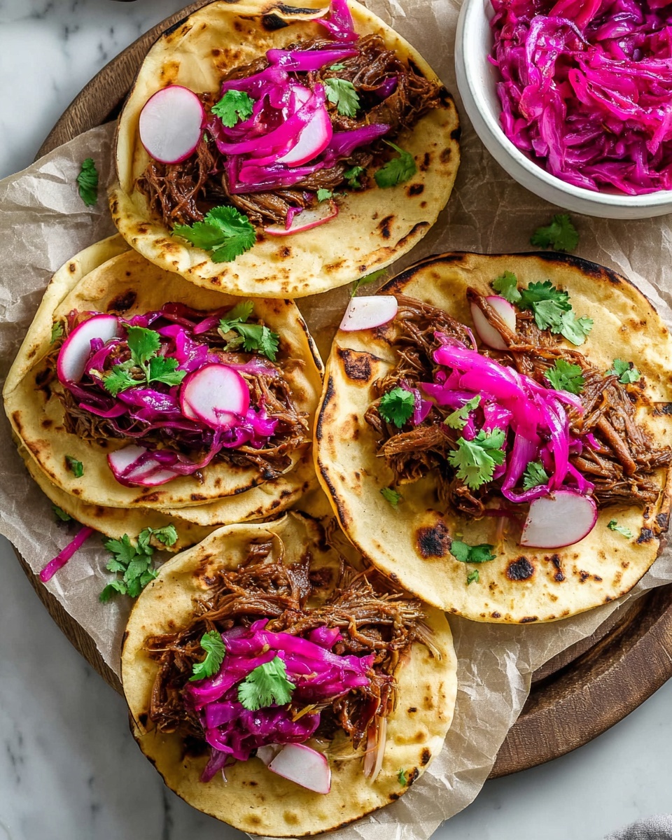 The image shows five corn tortillas laid out on a rustic wooden board with parchment paper on top, placed on a white marbled surface. Each tortilla has three main layers: the bottom layer is warm, lightly toasted tortillas with some golden brown spots; the middle layer is dark brown shredded meat filling, slightly glossy and fibrous; the top layer consists of bright magenta pickled cabbage and thin slices of purple pickled onions, garnished with fresh green cilantro leaves scattered unevenly. Some of the tacos are slightly folded to hold the filling, while others lie flat. On the top right, a white bowl filled with more magenta pickled cabbage sits next to the tacos. Photo taken with an iphone --ar 4:5 --v 7
