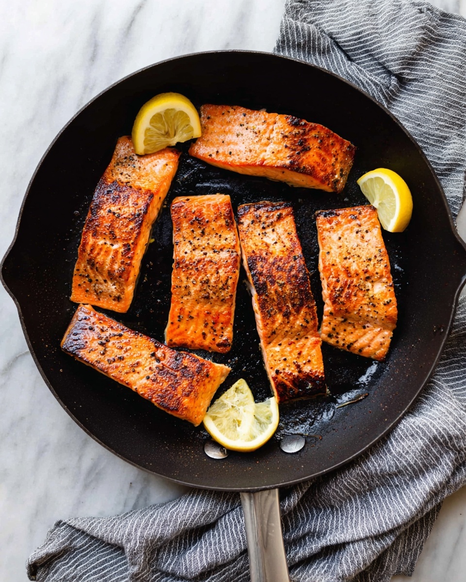 Six pieces of cooked salmon with a browned, slightly charred surface are arranged inside a black skillet. The salmon pieces vary in shape and size, showing a bright orange-pink flesh with some black pepper seasoning on top. Around the salmon are four lemon wedges, their yellow color contrasting with the dark skillet. A gray and white striped cloth is draped near the skillet handle, all set on a white marbled surface. photo taken with an iphone --ar 4:5 --v 7