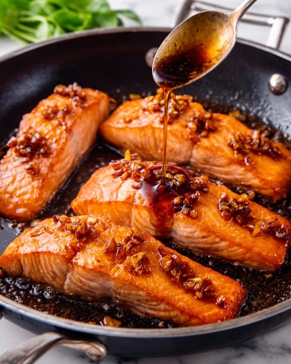 The image shows four pieces of cooked salmon fillets placed closely inside a black pan. The salmon is a warm orange color with a slightly shiny, glazed texture. On top of each fillet are small bits of crispy browned garlic. A spoon is pouring a dark brown sauce over the salmon pieces from above. In the background, there is a hint of green leaves, and the pan is set on a white marbled surface. Photo taken with an iphone --ar 4:5 --v 7