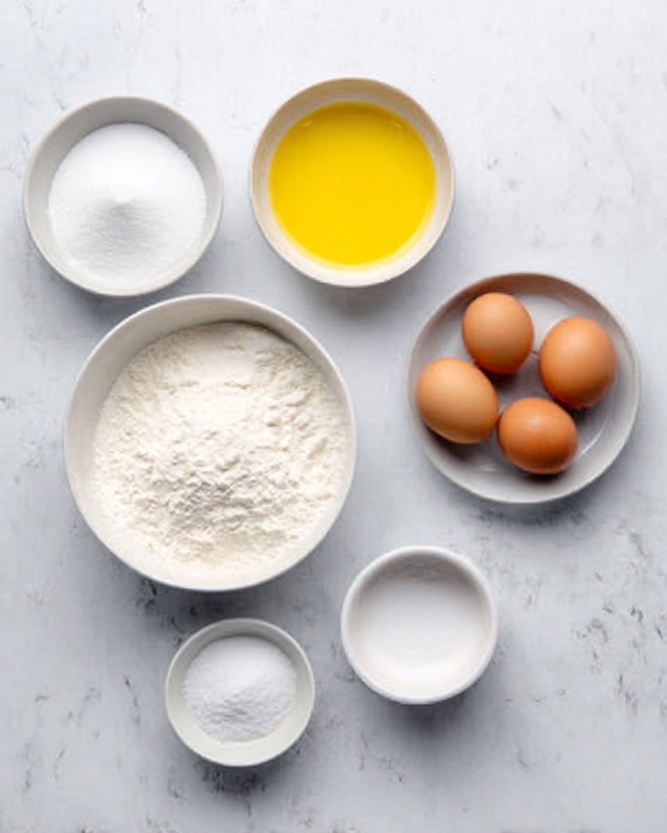 The image shows six small white bowls arranged on a white marbled surface. From left to right, there is a bowl filled with white sugar, another bowl with white flour below it, a bowl with a yellow liquid (likely melted butter) at the top left, three brown eggs in the middle, a bowl with white salt near the right side, and a small bowl with white baking powder or baking soda at the bottom right. The bowls are spaced evenly, and the overall setup looks clean and simple, ready for baking photo taken with an iphone --ar 4:5 --v 7