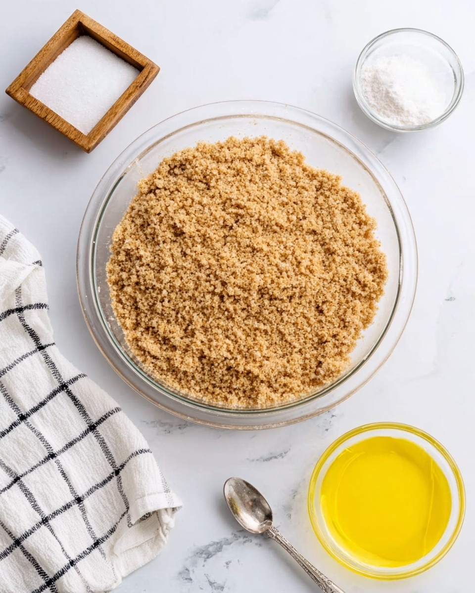 A clear glass bowl filled with a thick layer of light brown, crumbly mixture sits on a white marbled surface. Next to the bowl, there is a small square wooden container filled with white powder, and on the other side, a small clear glass bowl containing bright yellow liquid with a metal spoon inside. A white cloth with black checkered lines is partially visible in the bottom left corner. The overall scene has a clean, bright look with soft natural lighting. photo taken with an iphone --ar 4:5 --v 7