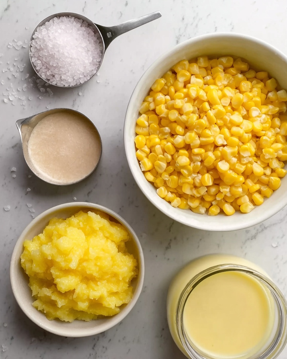 The image shows four bowls on a white marbled surface. The largest white bowl on the right is filled with bright yellow cooked corn kernels. To its left, there is a smaller white bowl with mashed corn that has a soft, slightly chunky texture. Below these bowls, there is a glass container filled with a smooth, creamy yellow liquid. On the far left, a white bowl holds a heap of coarse white salt crystals, with a granular and rough texture. A small metal measuring cup with a shiny surface containing a creamy beige liquid is placed near the back of the arrangement. The scene has soft natural light, making the colors pop. photo taken with an iphone --ar 4:5 --v 7