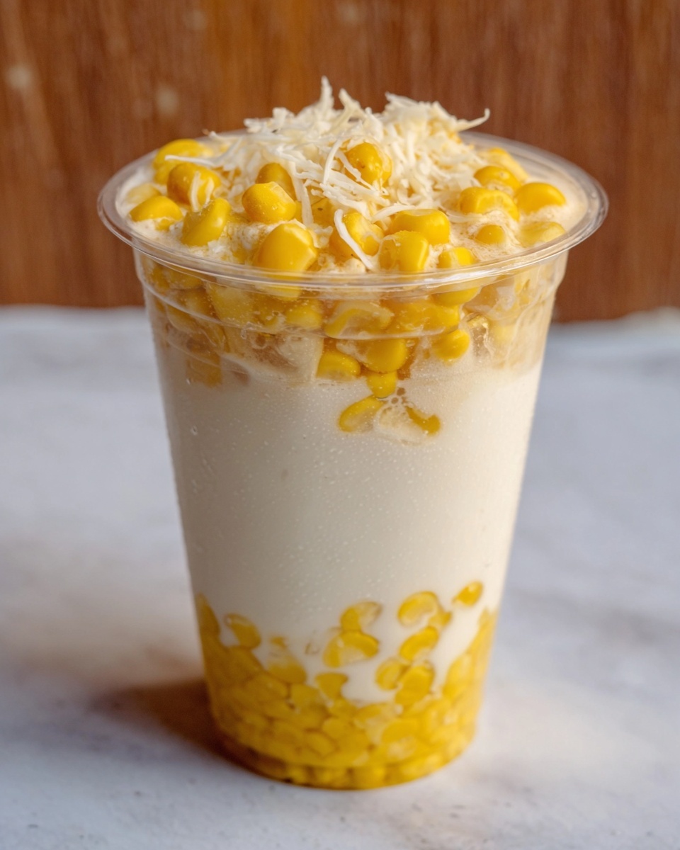 The image shows a clear plastic cup filled with three layers: at the bottom, there is bright yellow corn, the middle layer is thick white cream with visible ice cubes inside, and the top layer has more yellow corn with a small amount of white cream and grated white topping on it. A white straw is inserted into the cup. The cup is placed on a white marbled surface with a blurred wood background. Photo taken with an iphone --ar 4:5 --v 7