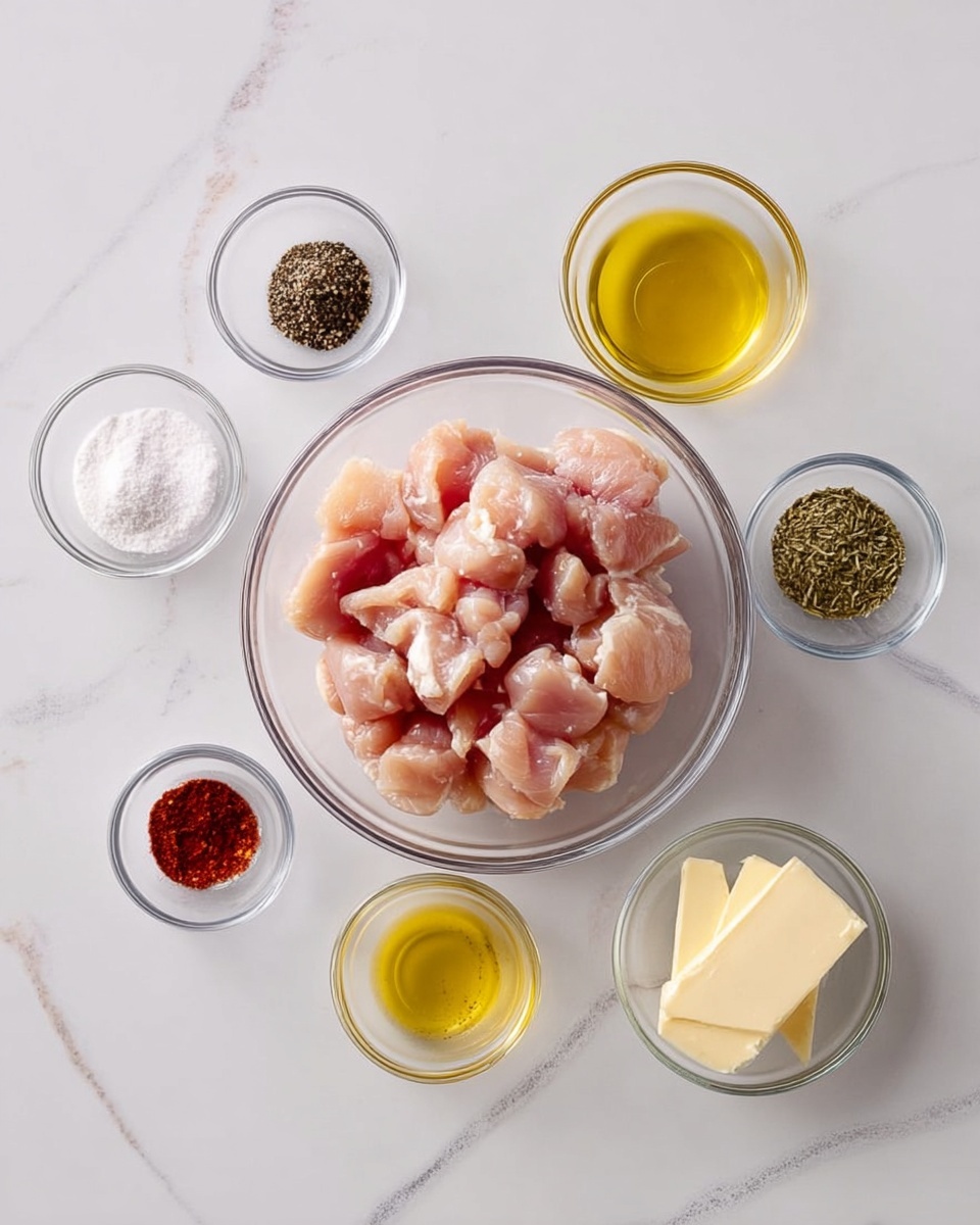A clear glass bowl filled with small, raw pink chicken pieces sits in the center on a white marbled surface. Around it are seven small clear glass bowls containing different ingredients: black pepper in the top left, salt below it, a deep red spice below salt, yellow olive oil to the right of salt, light brown garlic powder above olive oil, green dried herbs to the right of garlic powder, and a few slices of pale yellow butter in the bottom right. The setup is neat and spaced evenly with a clean, bright look. photo taken with an iphone --ar 4:5 --v 7