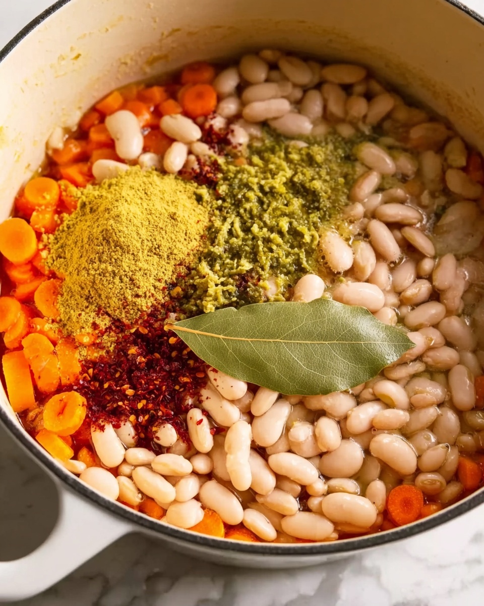 A close-up view of one large white pot filled with three main layers: the bottom layer shows small orange carrot slices scattered around, the middle layer is a pile of light beige beans filling most of the pot, and the top layer has a few seasoning piles placed separately including yellow powdered spice, green chopped peppers, red crushed flakes, and one green bay leaf on top. The pot sits on a white marbled surface. Photo taken with an iphone --ar 4:5 --v 7