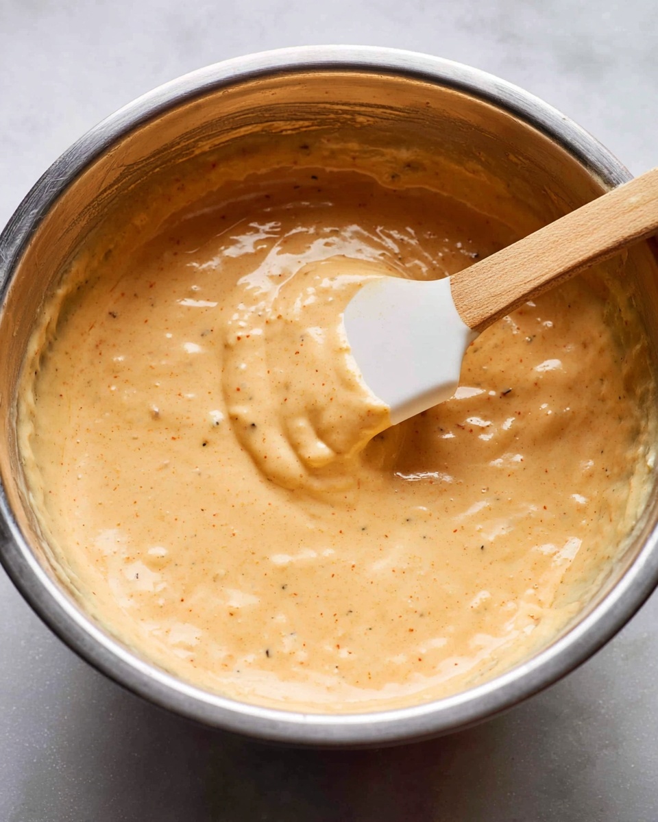 A close-up view of a shiny steel bowl filled with thick, smooth batter that is pale orange in color with small bubbles and specks visible throughout. A white spatula with a light wooden handle is resting in the batter, slightly lifting and folding the mixture, showing the creamy and soft texture. The bowl sits on a white marbled surface. photo taken with an iphone --ar 4:5 --v 7