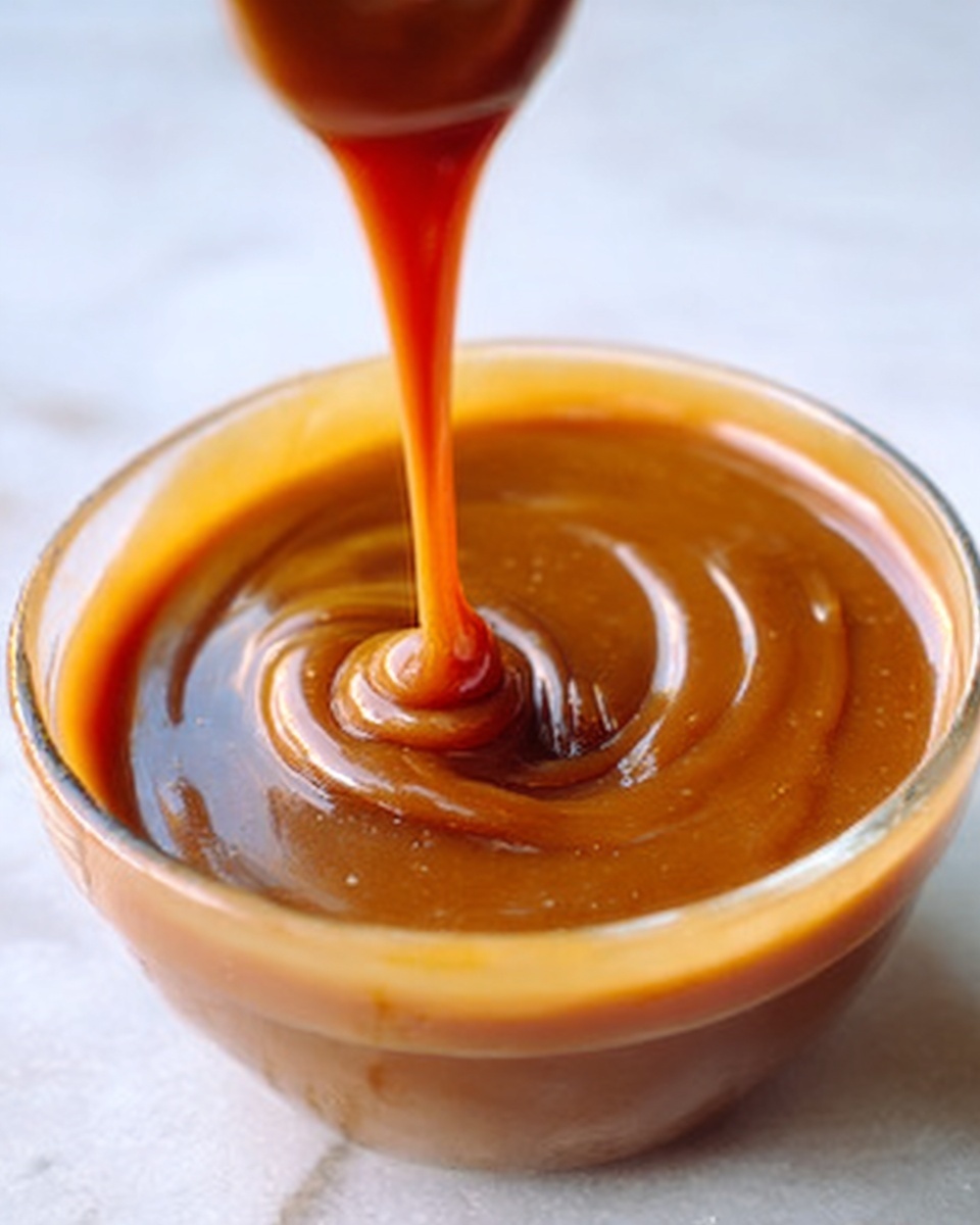 A clear bowl filled with thick, smooth caramel sauce is shown close up. A stream of rich caramel is flowing down into the bowl, forming a glossy swirl in the center. The caramel has a deep golden brown color with a shiny, slightly sticky texture. The background and surface have a white marbled texture. photo taken with an iphone --ar 4:5 --v 7