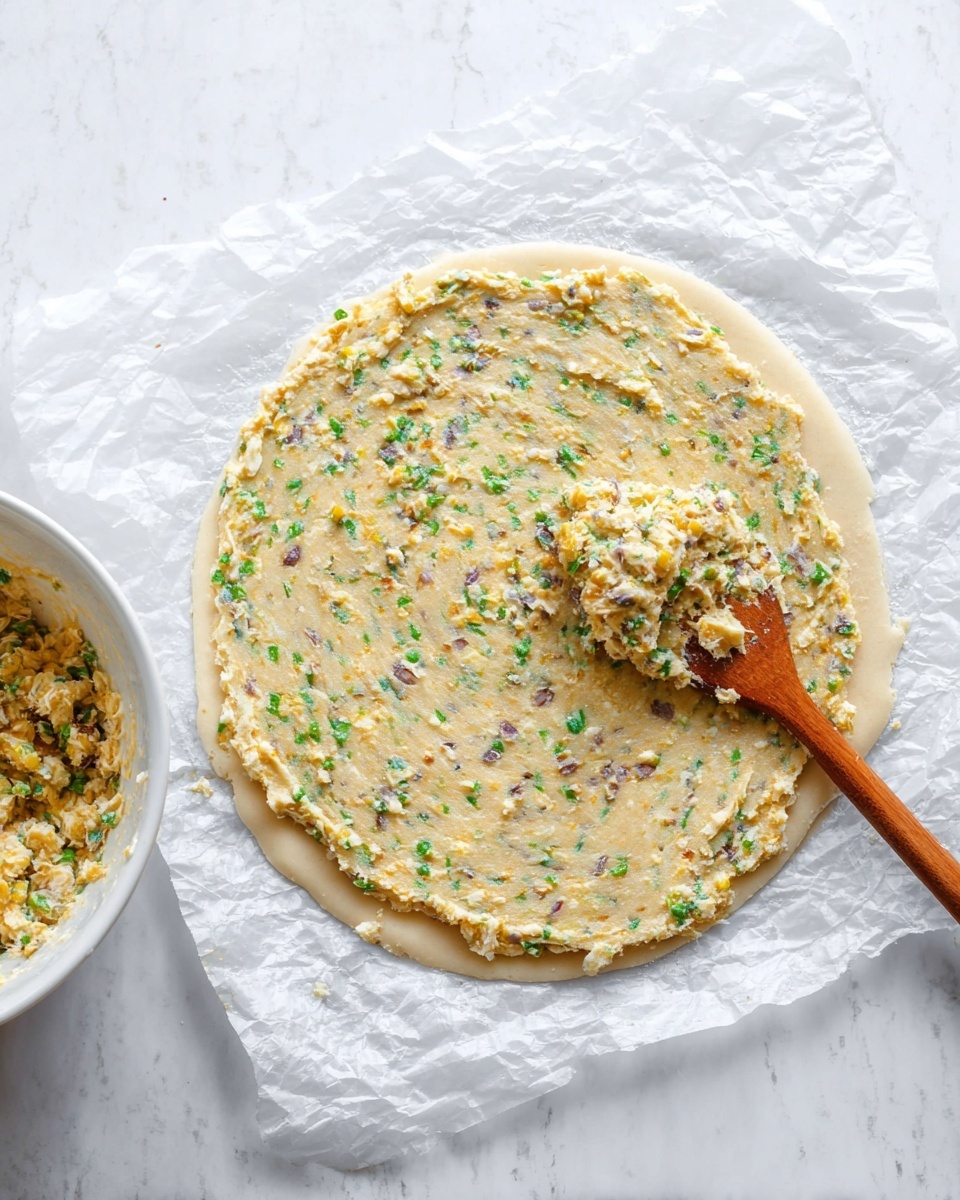 The image shows a single layer of creamy spread mixed with small green and purple bits spread evenly on a flat round dough base placed on crinkled white paper on a white marbled surface. The spread has a thick texture with visible tiny chunks and is placed on top of the pale round dough, covering almost the entire surface but leaving a small border. A wooden spoon with some of the spread clinging to it rests on the right side of the dough, angled slightly inward. To the left, there is a white bowl containing more of the same spread mixture. Photo taken with an iphone --ar 4:5 --v 7
