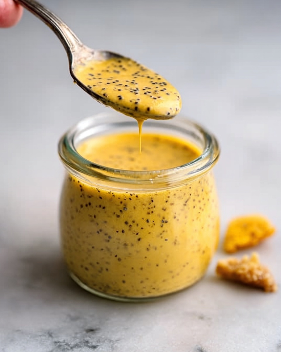 A small glass jar filled with thick, yellow sauce that has black seeds mixed inside. A silver spoon is held by a woman's hand above the jar, showing the sauce dripping slightly and revealing its smooth but slightly grainy texture. The jar sits on a white marbled surface with two small pieces of the sauce’s ingredients placed nearby. The lighting is soft and natural, highlighting the sauce's glossy look. photo taken with an iphone --ar 4:5 --v 7