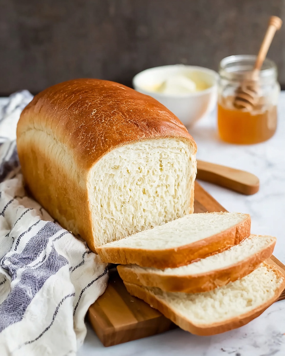 A single loaf of golden brown bread sits upright on a wooden board. The top is smooth and shiny with a gentle crack running horizontally near the middle, showing a soft and fluffy interior just beneath the crust. The sides of the loaf are slightly lighter in color, with a texture that looks soft and pillowy. The background features a white marbled texture with blurred kitchen items and a striped cloth in soft focus behind the loaf, giving a cozy kitchen feel. photo taken with an iphone --ar 4:5 --v 7