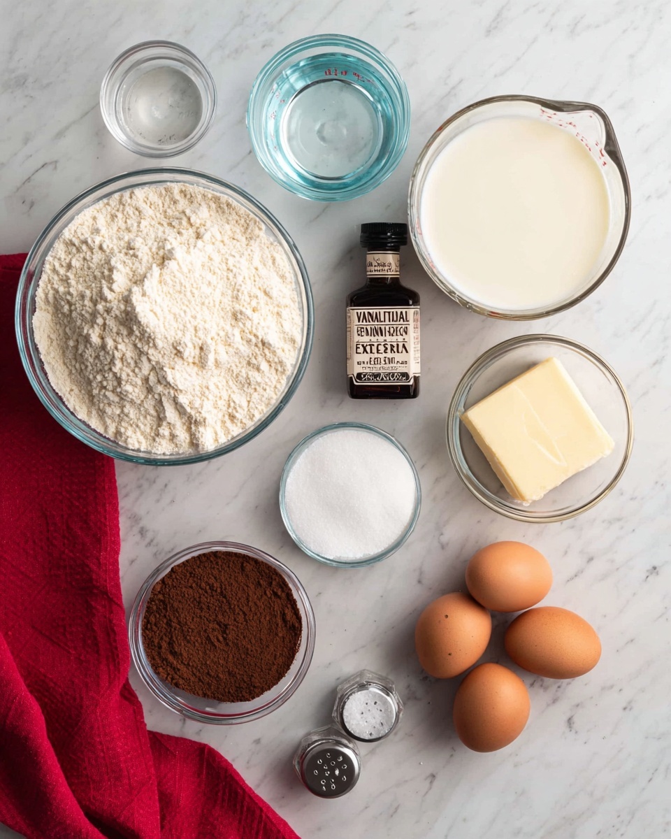 The image shows various baking ingredients arranged neatly on a white marbled surface. There is a clear glass bowl with light beige flour on the bottom left, a small clear bowl with light brown cocoa powder on the bottom right, and a small clear bowl with white sugar in the center. Near the sugar bowl, there is a small square piece of pale yellow butter, and to the right of that, a clear glass measuring cup filled with white milk. Two brown eggs are placed close together on the right side of the milk, and a small black bottle labeled