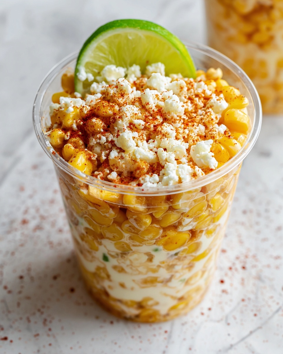 A clear plastic cup filled with layers of yellow corn kernels mixed with a creamy sauce at the bottom, topped with crumbled white cheese and a light sprinkle of red chili powder. A thin wedge of green lime is placed on the rim of the cup. The background shows a white marbled texture with light scattered red and black specks. Photo taken with an iphone --ar 4:5 --v 7