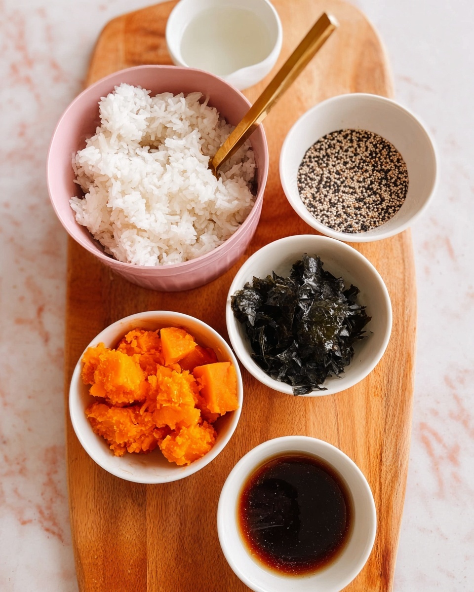 The image shows a wooden board on a white marbled surface holding several white bowls and a pink pot. The pink pot on the board is filled with fluffy white rice and has a small gold spoon inside. Around the pot are four white bowls: one with bright orange, chunky pieces of cooked sweet potato, one filled with small black sesame seeds, another with dark seaweed strips, and the last one containing a dark, thick liquid sauce. There is also a small white bowl with a clear liquid. The colors contrast with the natural wooden board and the soft pastel pink pot. Photo taken with an iphone --ar 4:5 --v 7