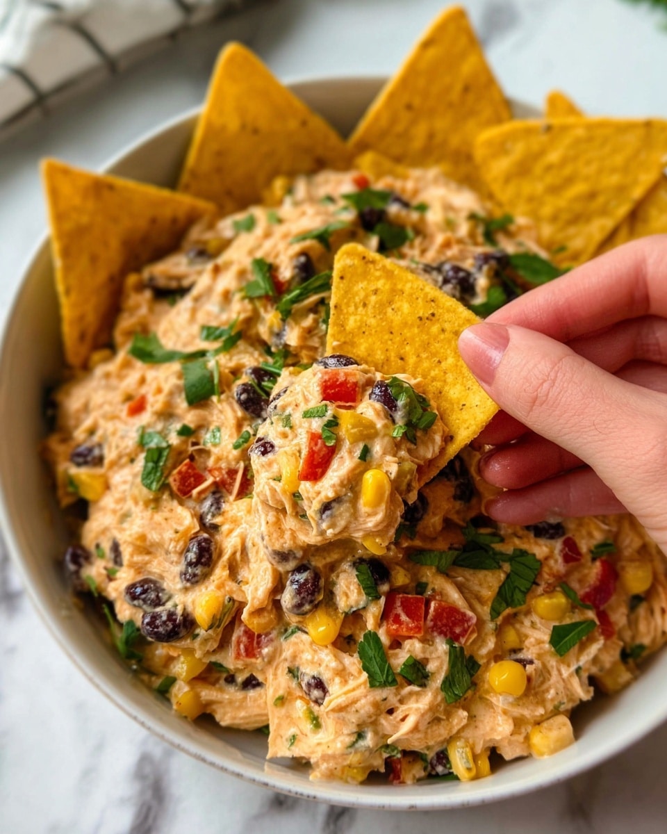 A close-up view of a white bowl filled with a creamy mixture, layered with shredded light beige chicken, black beans, small yellow corn kernels, diced red bell peppers, and fresh green cilantro pieces evenly spread throughout. Several triangular, crispy golden yellow corn chips stand in the mixture around the inner edge of the bowl. In the foreground, a woman's hand holds one corn chip loaded with the creamy chicken mix, showing texture and vibrant colors of the ingredients. The background surface is a white marbled texture. Photo taken with an iphone --ar 4:5 --v 7
