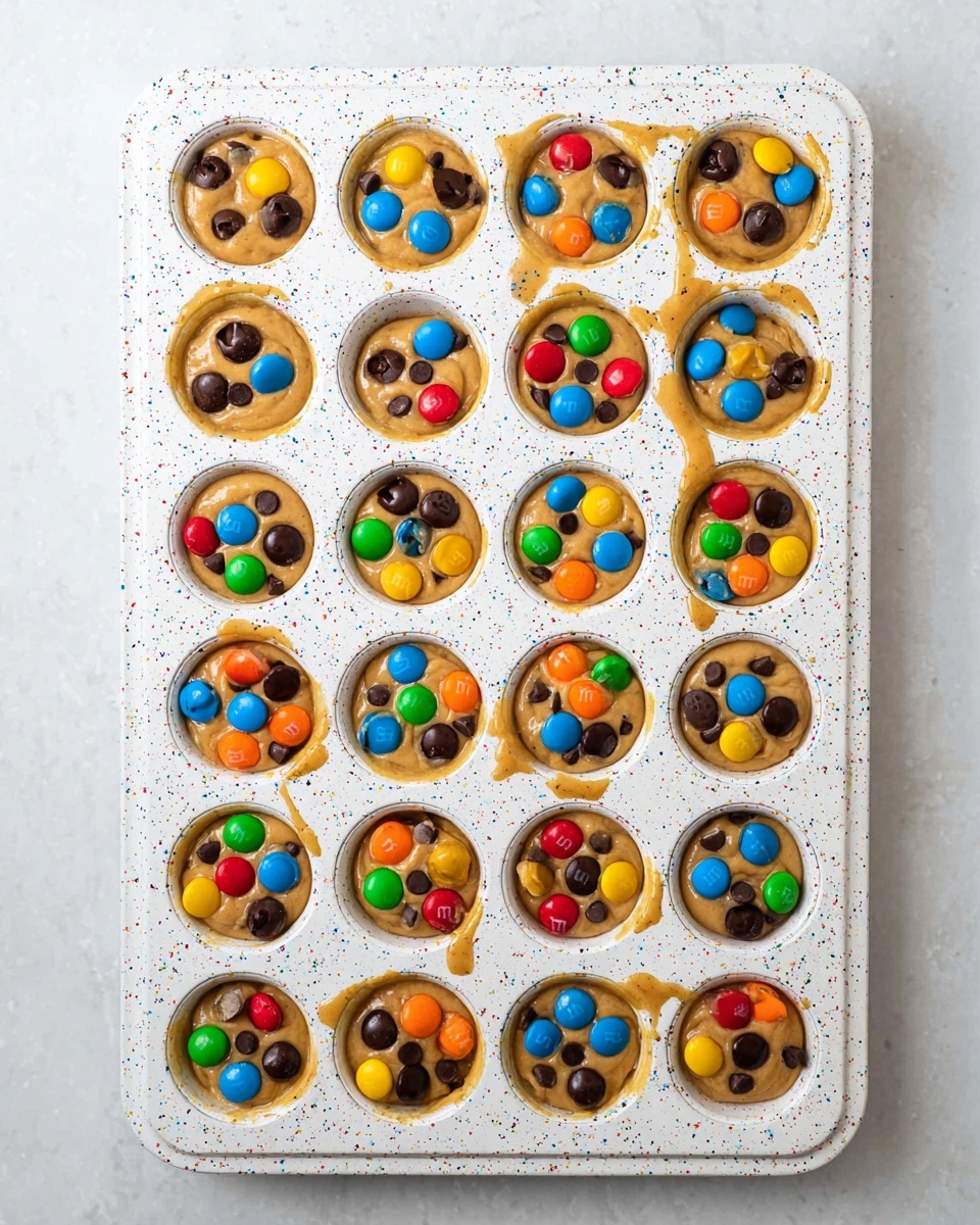 A white speckled muffin tray holds 24 cupcakes, each filled with light brown batter. On top of the batter in every cup are colorful candy pieces in blue, green, yellow, orange, and red, along with small dark chocolate chips scattered all over. Some batter drips slightly over the sides of a few cups. The tray is set on a white marbled surface. Photo taken with an iphone --ar 4:5 --v 7