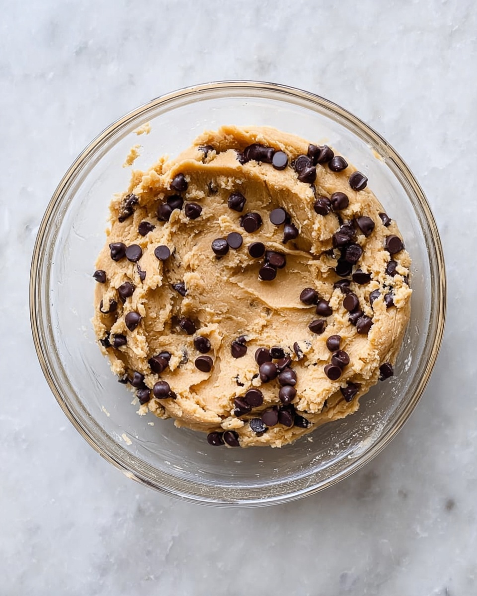 A clear glass bowl sits on a white marbled surface, filled with a thick layer of light brown dough mixed with many dark brown chocolate chips scattered evenly throughout. The dough is slightly uneven and has a soft, rough texture with some small lumps and dimples visible. The chocolate chips are mostly round and glossy, creating a contrast with the matte dough. The bowl is round and transparent, making the dough visible from top to bottom. photo taken with an iphone --ar 4:5 --v 7