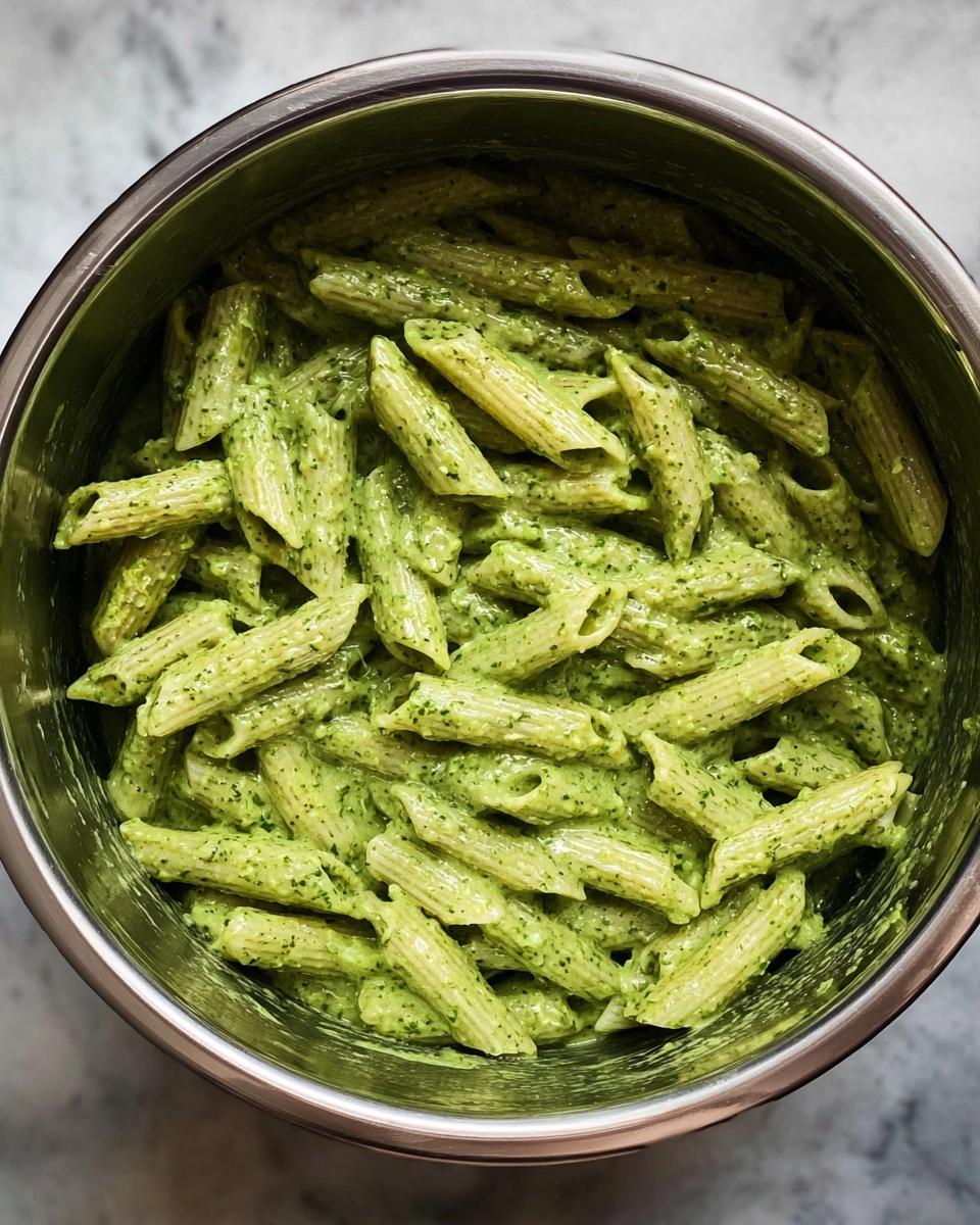 Inside a silver metal pot, there is a single layer of penne pasta fully coated with a thick, bright green sauce. The sauce has a creamy texture with small specks of herbs visible, evenly covering the ridged pasta pieces. The pot sits on a white marbled surface, and the photo is taken from above, showing the pasta filling the bottom part of the pot with reflections of the sauce on the metal sides photo taken with an iphone --ar 4:5 --v 7