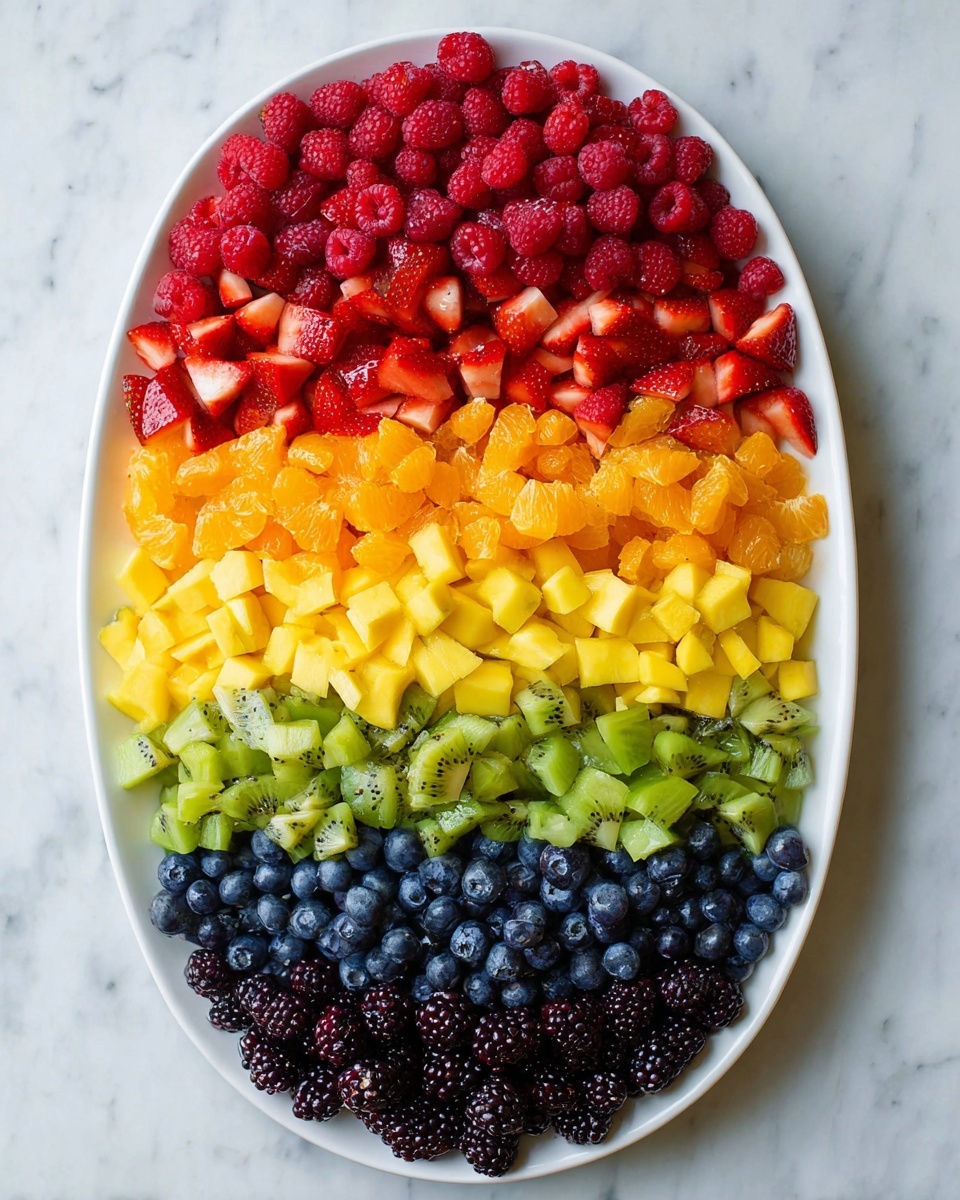 An oval white plate is filled with seven neat horizontal layers of fresh fruit arranged by color. From top to bottom, the first layer is bright red raspberries, followed by a layer of chopped strawberries in a lighter red shade. Below that is a vibrant orange layer of diced mango, then a yellow layer of cubed pineapple. Next is a green layer made of chopped kiwi pieces. Underneath are deep blue blueberries, and at the bottom is a dark purple layer of whole black grapes and blackberries. The plate is placed on a white marbled surface. Photo taken with an iphone --ar 4:5 --v 7