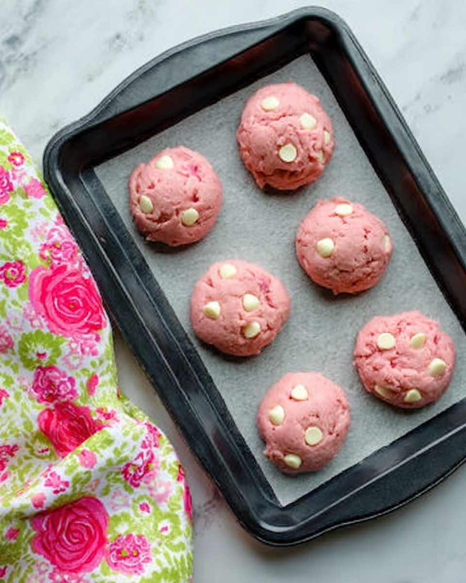 The image shows a black baking tray filled with six pink cookie dough balls, each dotted with white chocolate chips on top. The tray is placed on a white marbled surface with a colorful cloth nearby that has pink and green floral patterns with red roses. The cookie dough has a soft, slightly rough texture and is spaced evenly on the tray. photo taken with an iphone --ar 4:5 --v 7