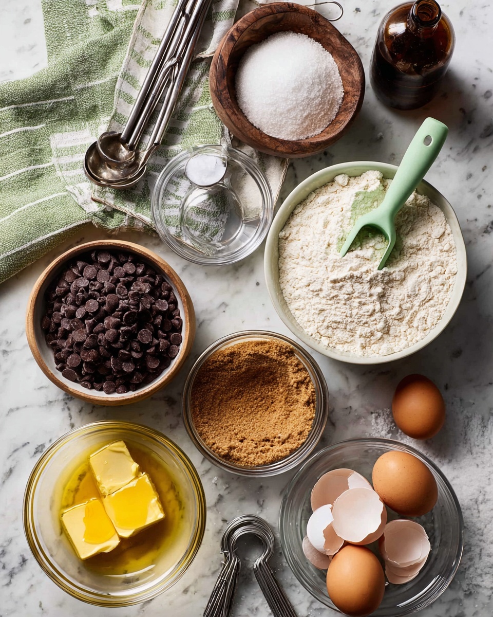 A top view of baking ingredients arranged on a white marbled surface includes a white bowl filled with flour and a pale green scoop lying in it at the center right, a brown wooden bowl of granulated white sugar above it, a brown glass bowl filled with dark chocolate chips to the left, and a glass cup of packed brown sugar below that. At the bottom center is a glass bowl with melted yellow butter, and two cracked eggs in small clear glass bowls sit to its upper right and left, with eggshell halves nearby. A metal baking tray with a green striped kitchen towel and metal measuring spoons lies in the top left area, and a dark brown bottle with an open cap is at the top right corner. The photo taken with an iphone --ar 4:5 --v 7