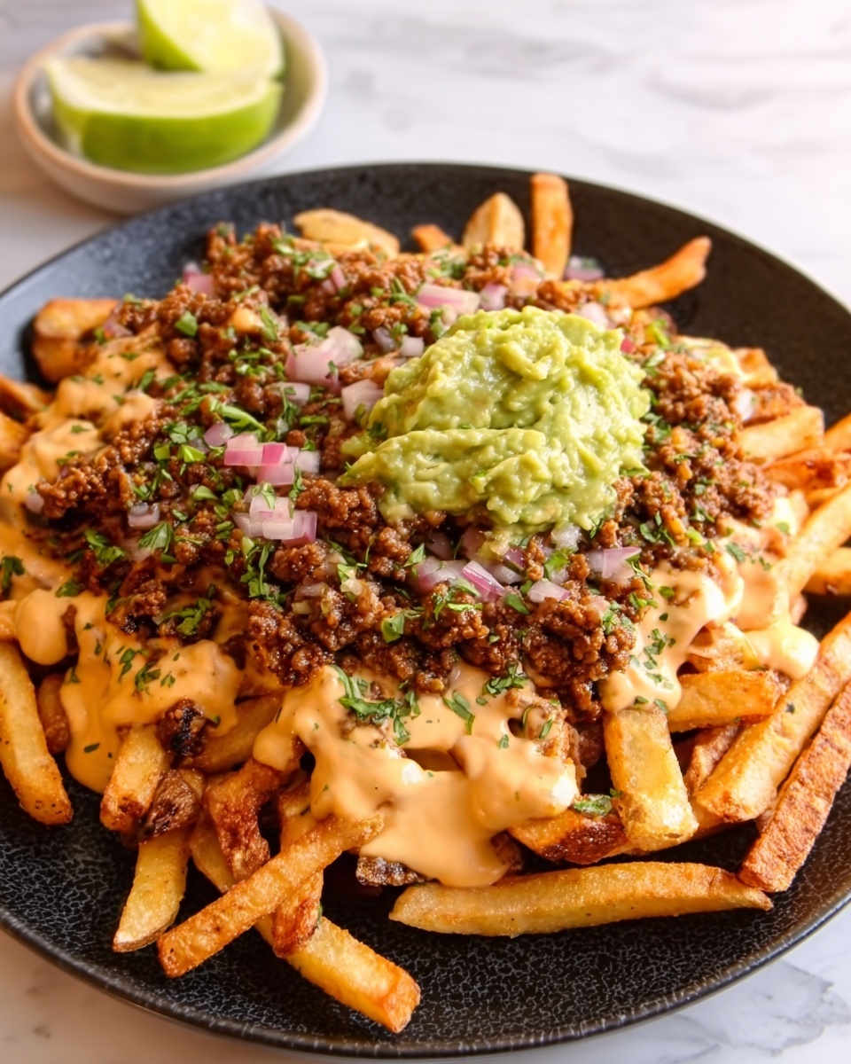 A round black plate filled with crispy golden fries forms the base layer, topped with a thick creamy light orange sauce spread over most of the fries. On top of the sauce, there is a generous layer of cooked ground meat, browned in color with bits of pinkish red onions and small green herbs sprinkled evenly over it. On one side of the meat, a dollop of smooth pale green guacamole rests, adding a creamy texture. In the background, a wedge of lime is visible on the white marbled surface. photo taken with an iphone --ar 4:5 --v 7