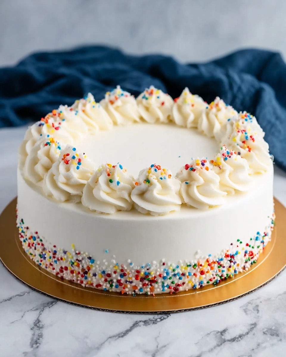 The image shows a round cake with smooth white frosting covering the whole cake. On top, there are evenly spaced swirls of white cream around the edge, each swirl topped with colorful round sprinkles in red, yellow, blue, and green. The base of the cake has a wavy white cream border. The cake sits on a thin golden board, placed on a white marbled surface, and a dark blue cloth is partly visible in the background. photo taken with an iphone --ar 4:5 --v 7