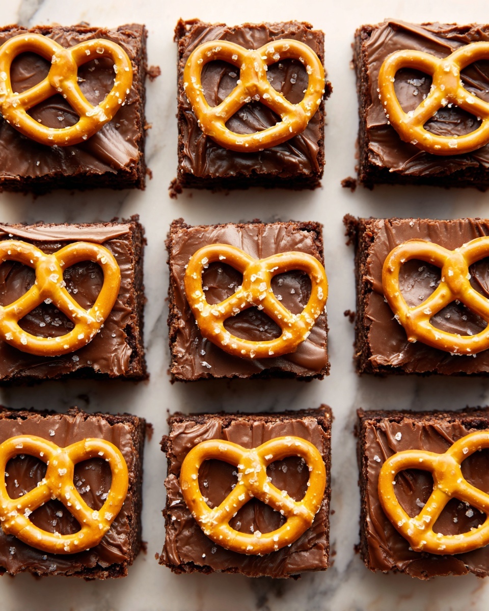 The image shows nine square brownies arranged in a 3x3 grid on a white marbled surface. Each brownie has a glossy, rich dark brown top layer with a slightly rough texture, and on top of each brownie sits a single golden-brown pretzel with a smooth, shiny finish and salt crystals visible. The pretzels are centered perfectly on each brownie, creating a neat, repeating pattern. photo taken with an iphone --ar 4:5 --v 7
