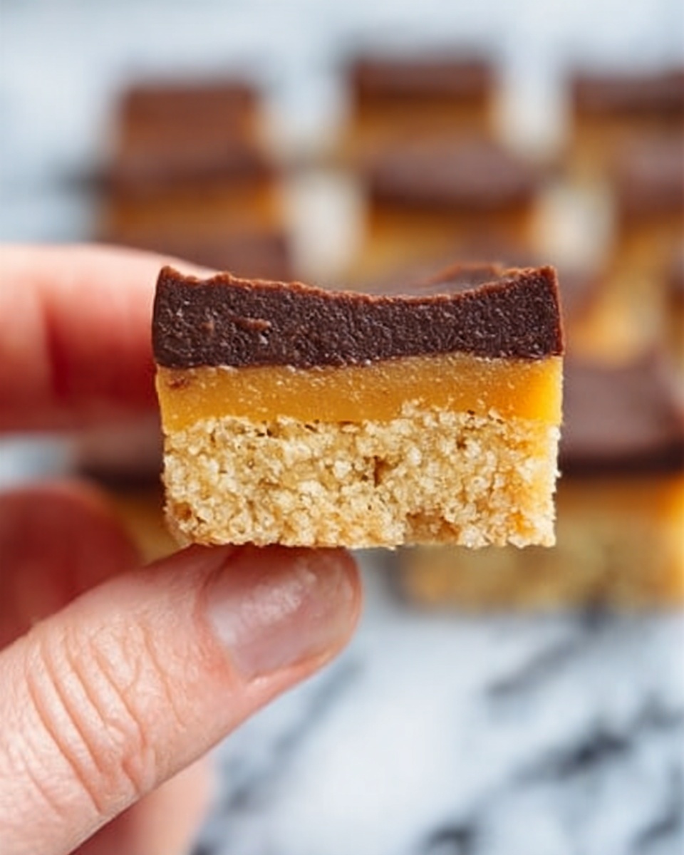 The image shows a small square dessert held between the thumb and woman's hand fingers. The dessert has three layers: a light tan crumbly base at the bottom, a thick dark brown chocolate layer in the middle, and a thin orange-yellow caramel-like layer on top. The background features other similar dessert squares out of focus, placed on a white marbled surface. The photo taken with an iphone --ar 4:5 --v 7