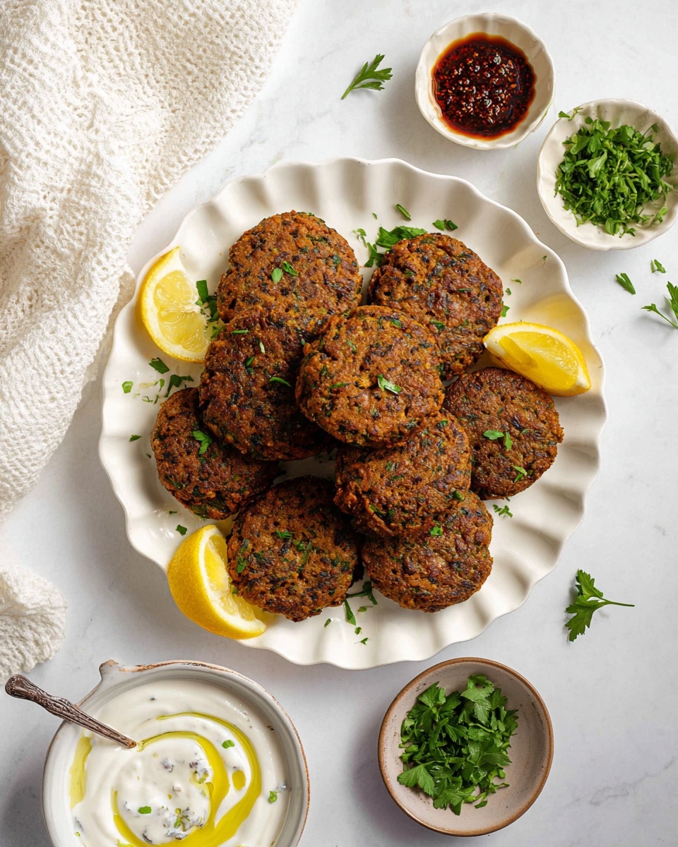 The image shows a white scalloped plate with eight round, deep brown patties arranged closely together, each with a textured surface speckled with small bits of green herbs. The patties cover most of the plate, which is garnished with small green parsley leaves scattered on top and around them. Two lemon wedges are placed at opposite ends of the plate. In the bottom left corner of the plate, there is a small white bowl filled with a creamy white sauce with visible green herb bits and a drizzle of yellow oil, with a spoon inside. Around the plate on the white marbled surface are small bowls: one has chopped green herbs, another has lemon wedges and parsley, and a third holds a deep reddish-brown chili oil. A white textured cloth is softly folded on the top left side of the image. photo taken with an iphone --ar 4:5 --v 7