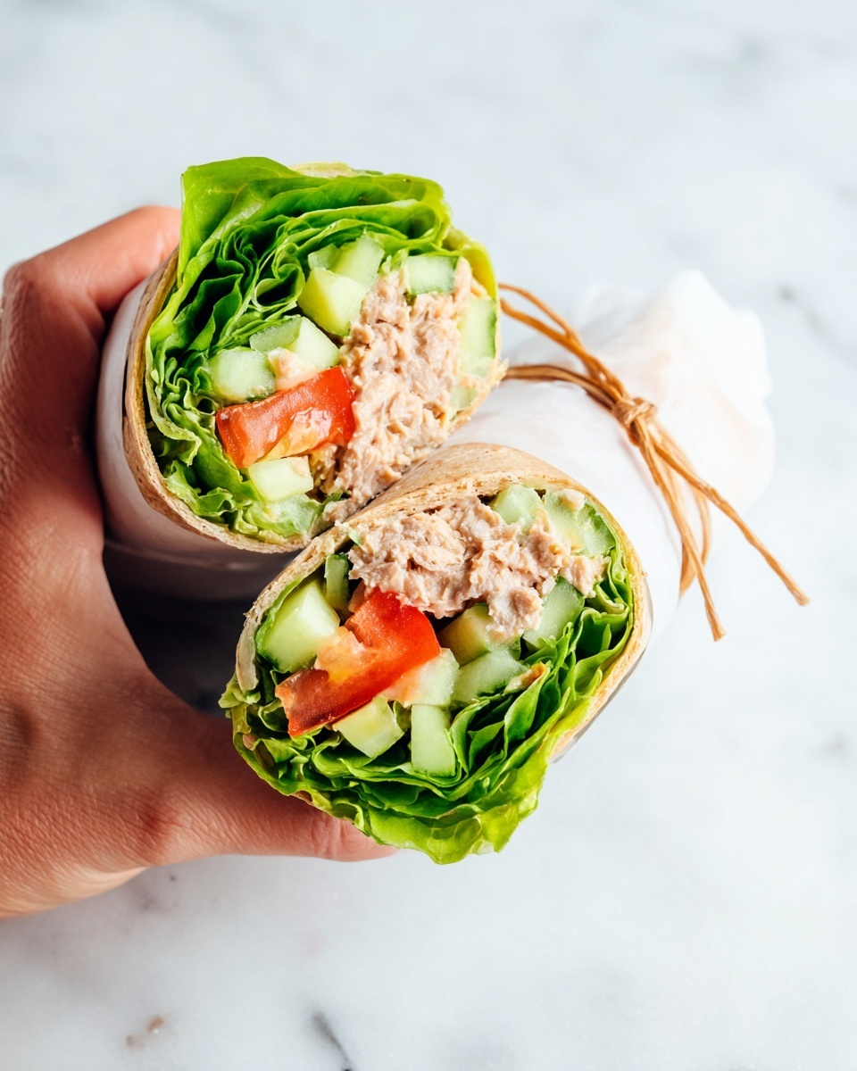 A wrap cut in half showing three main layers inside, starting with a base layer of bright green lettuce leaves, followed by a middle layer of light brown tuna salad with a slightly creamy texture, and a top layer of diced vegetables including pale green cucumbers and vibrant red tomatoes. The wrap itself is light brown with a soft texture, partly wrapped in white paper tied with a brown string. A woman's hand is holding the wrap on the right side, all placed on a white marbled surface. Photo taken with an iphone --ar 4:5 --v 7