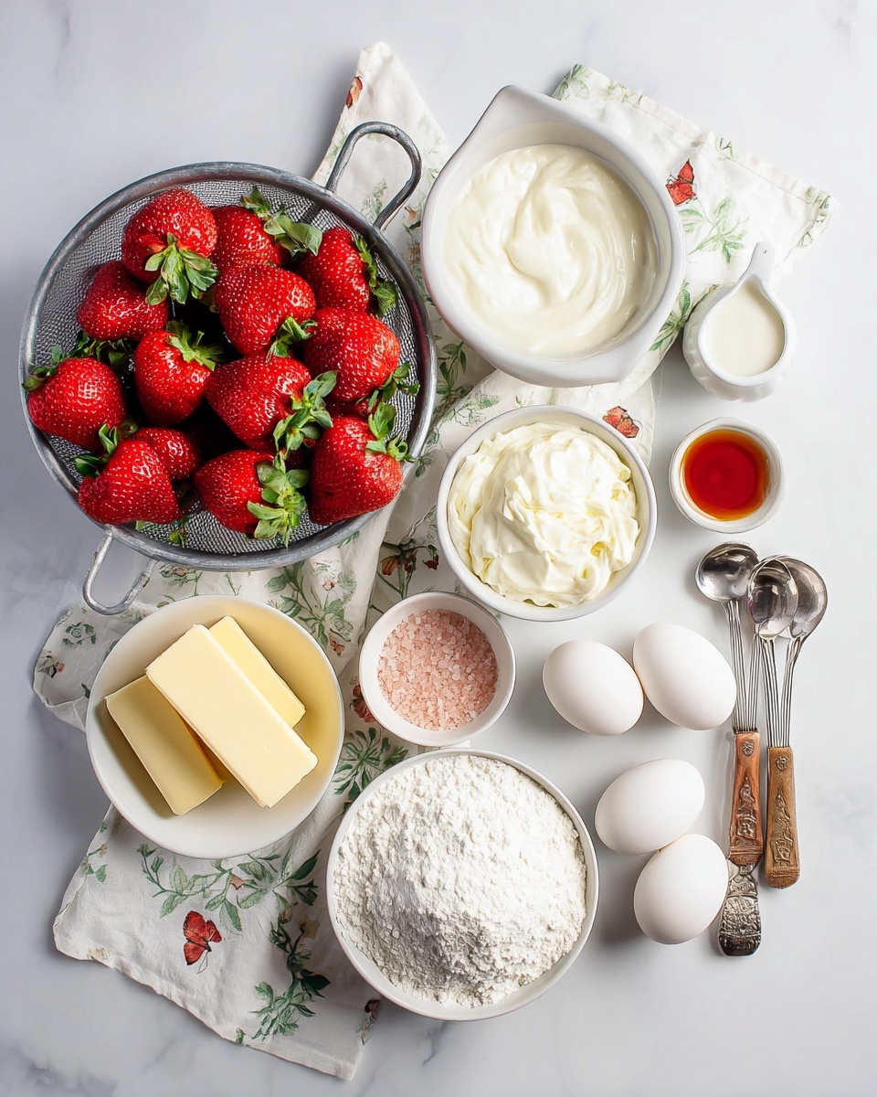 A top view of baking ingredients laid out on a white marbled surface with a white cloth with floral and butterfly prints underneath. On the left, a grey metal colander filled with bright red strawberries with green leaves. To the right, a white measuring cup filled with smooth white cream, labeled ½ cup. Below is a small white bowl with a block of yellow butter. Next to the butter, a white bowl with white thick cream. To the right, a white bowl filled with white flour. Below, a white bowl of white powdered sugar. Three white eggs are placed at the bottom center. Near them are two metal measuring spoons with wooden handles, one filled with pink salt and the other with a dark amber liquid. A white cup with white milk is at the top right, next to a decorative spoon with a wooden handle. Everything is arranged neatly, with bright and clear lighting. Photo taken with an iphone --ar 4:5 --v 7
