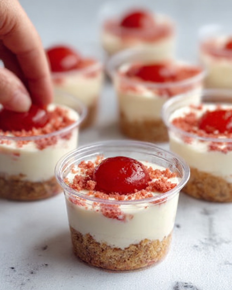 The image shows several clear plastic cups filled with a layered dessert on a white marbled surface. Each cup has three layers: the bottom layer is crumbly and light brown, the middle layer is thick and creamy white, and the top layer is a mix of creamy white with small red crumb pieces scattered over it. On top of the cream layer in the center cup, there is a smooth, shiny red round piece that looks like a slice of fruit or jelly. A woman's hand is reaching towards one of the cups. The colors are soft with light browns, whites, and bright red highlights. photo taken with an iphone --ar 4:5 --v 7