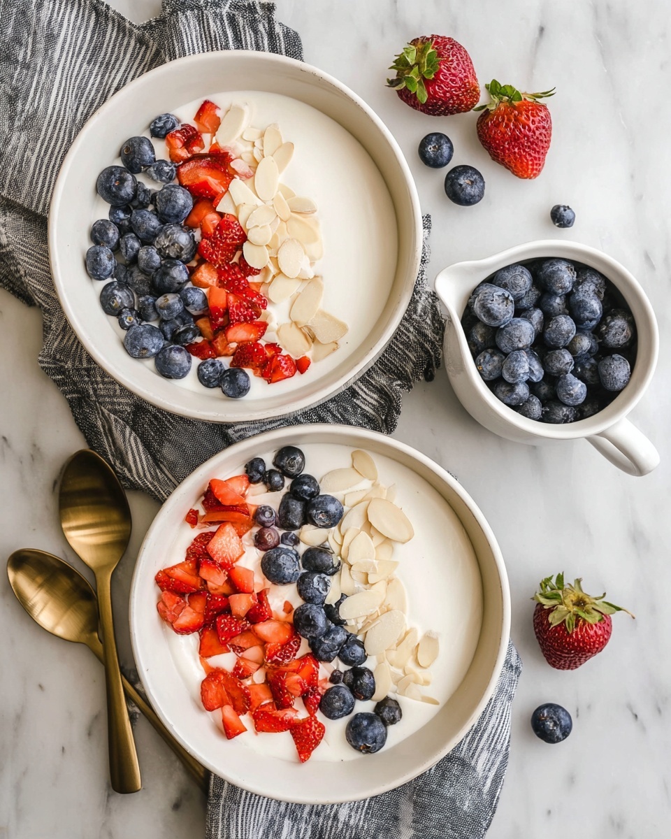 A white bowl filled with a smooth, creamy white yogurt base is topped with three distinct sections at the top right quarter: thin, light tan almond slices forming a crunchy texture, a small cluster of fresh, plump dark blue blueberries just below the almonds, and bright red, chopped strawberry pieces with visible seeds filling the bottom right quarter. An antique silver spoon with floral designs rests inside the bowl near the almonds. The bowl is placed on a white marbled surface, surrounded by a halved strawberry with a green stem and a few scattered blueberries, and a striped white and gray cloth is partially visible in the top left corner. Photo taken with an iphone --ar 4:5 --v 7