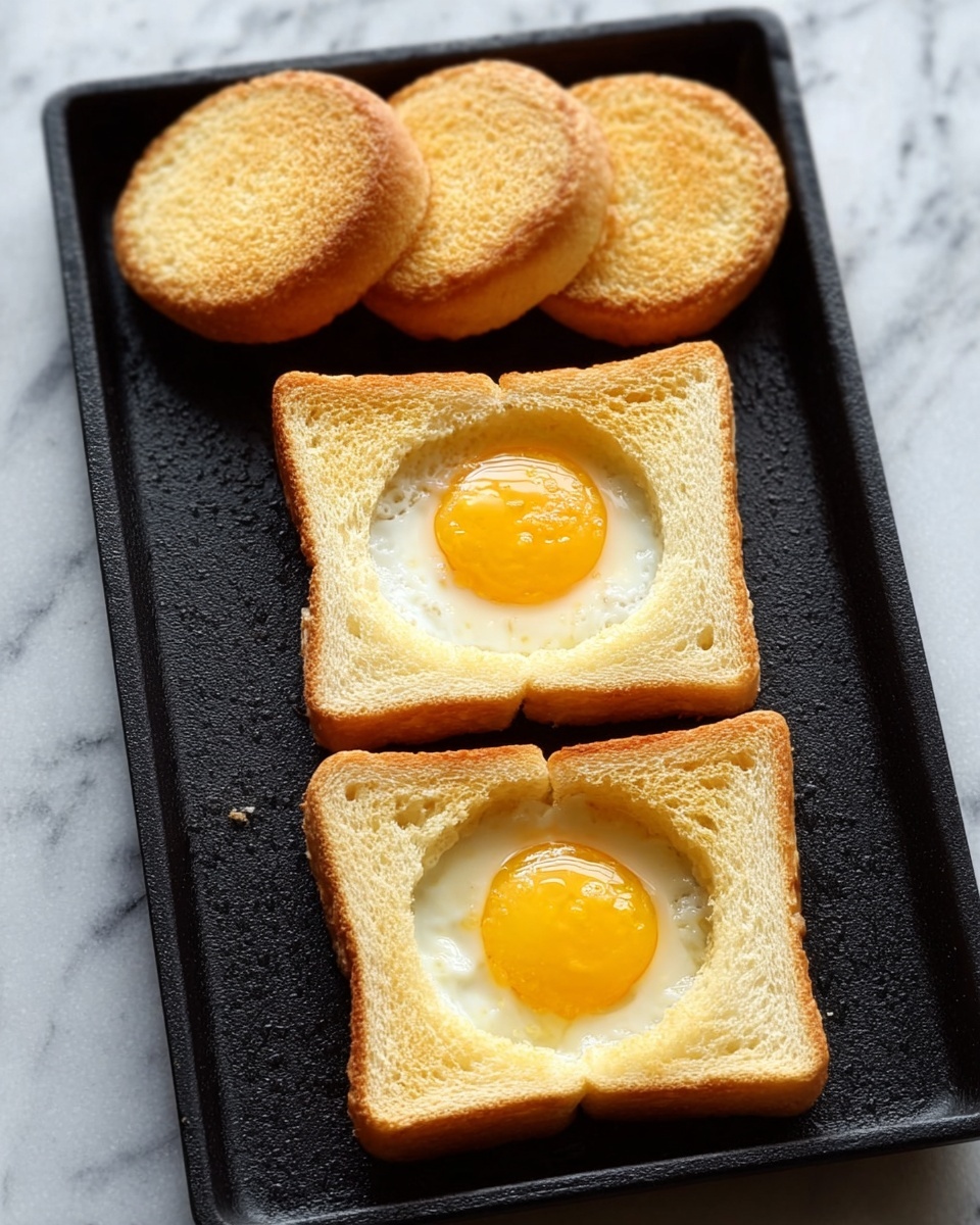 The image shows three slices of bread on a black tray placed on a white marbled surface. Each slice of bread has a circular hole in the middle filled with a cooked egg sunny side up, with the yellow yolk bright and centered, and the white cooked around it. Above the bread slices, there are three round bread pieces, the cut-out parts from the slices, placed in a row on the tray. The texture of the bread is soft and fluffy, and the eggs look freshly cooked. The photo is taken with an iphone --ar 4:5 --v 7