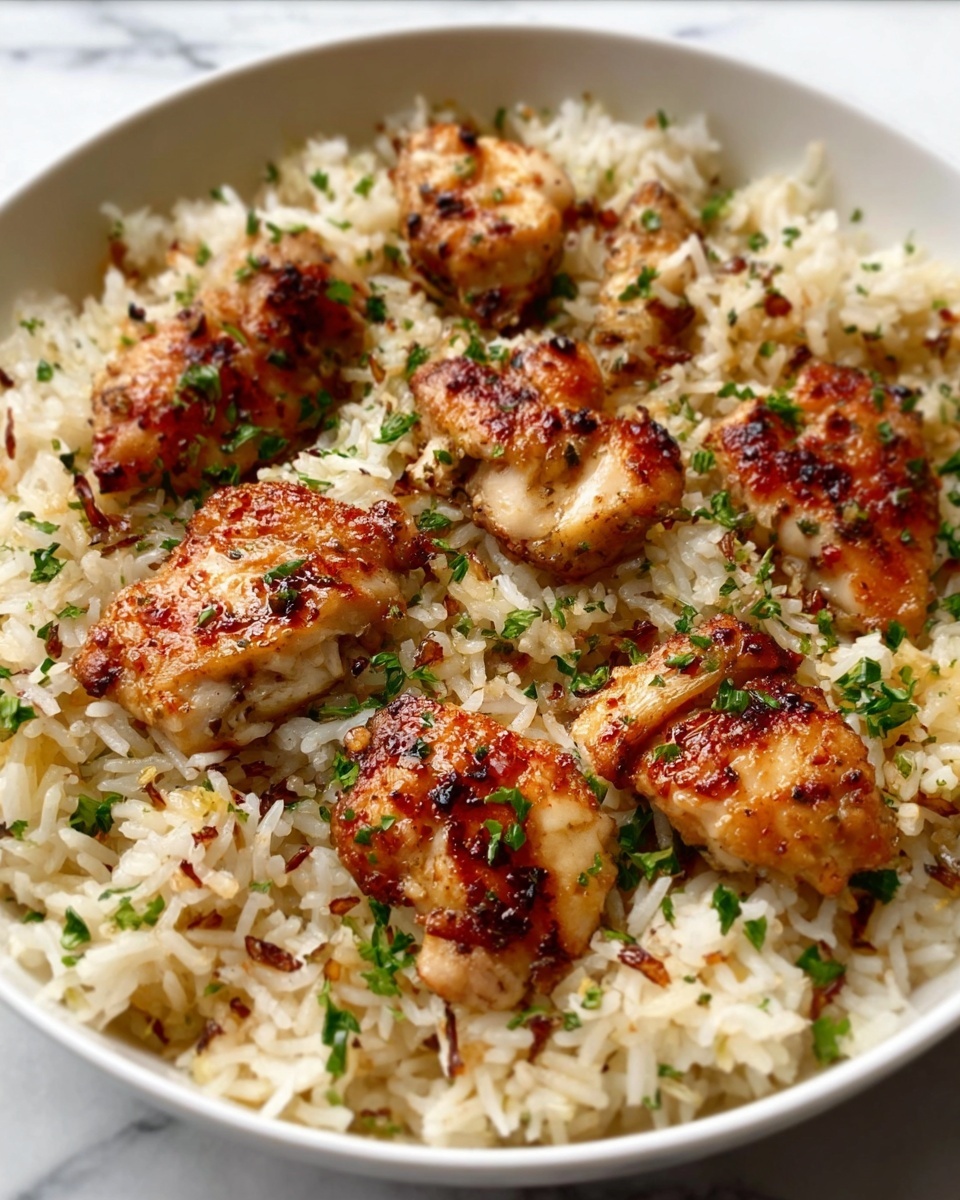 The image shows a white bowl filled with cooked white rice mixed with small bits of herbs and spices. On top of the rice, there are several pieces of cooked chicken with a golden-brown, slightly crispy skin. The chicken pieces are scattered across the rice, and small green herbs are sprinkled all over the dish, adding a fresh touch. The bowl is set on a surface with a white marbled texture. photo taken with an iphone --ar 4:5 --v 7