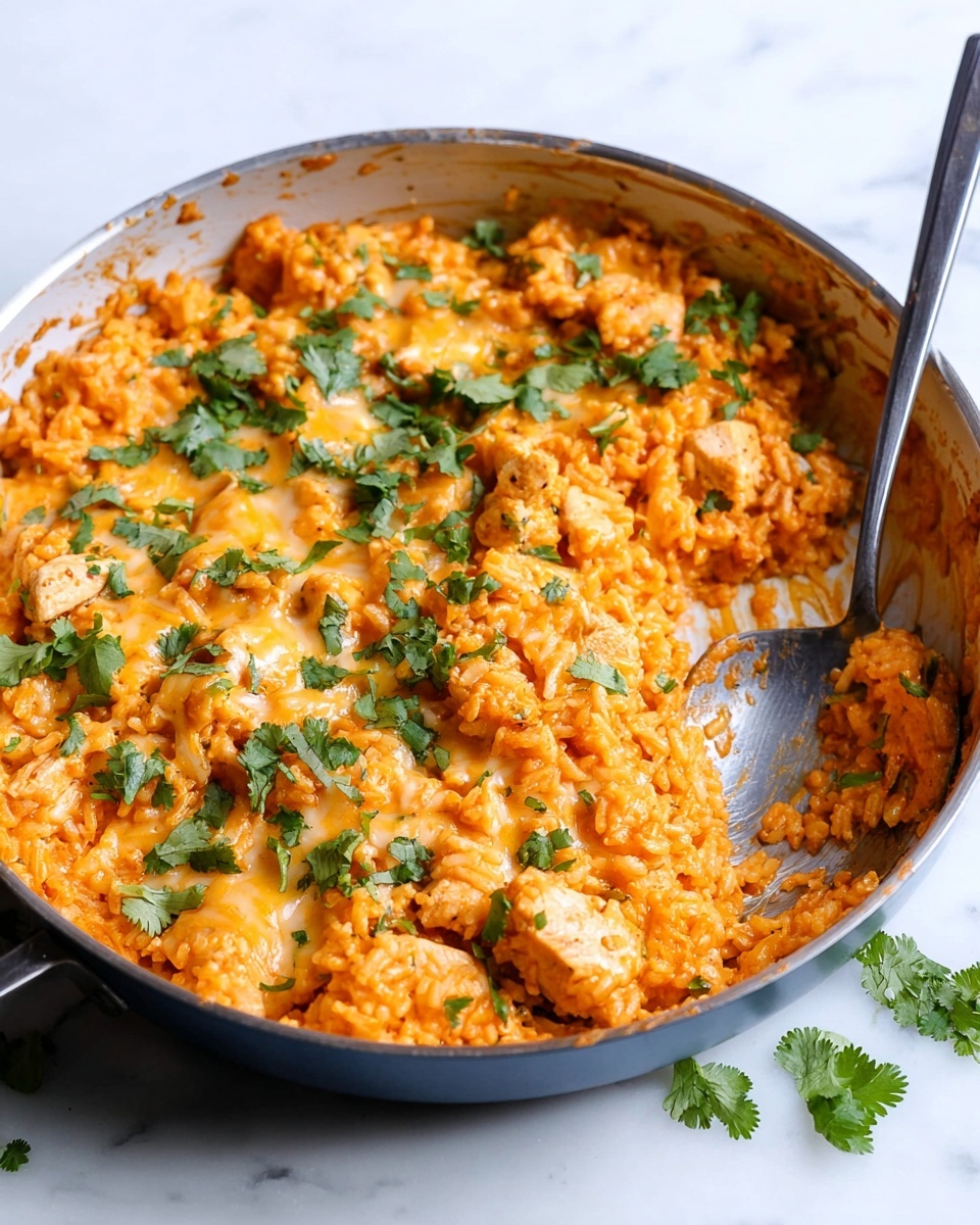 A large pan filled with bright orange cheesy rice mixed with chunks of light-colored chicken, topped with green fresh cilantro leaves scattered unevenly. The cheese melted over the rice creates a shiny, creamy texture across the surface. A metal spoon is partially inside the pan on the right side, ready to serve the dish. The pan is sitting on a white marbled surface with some cilantro pieces scattered around. The edges of the pan show slight signs of use with a few browned spots. photo taken with an iphone --ar 4:5 --v 7