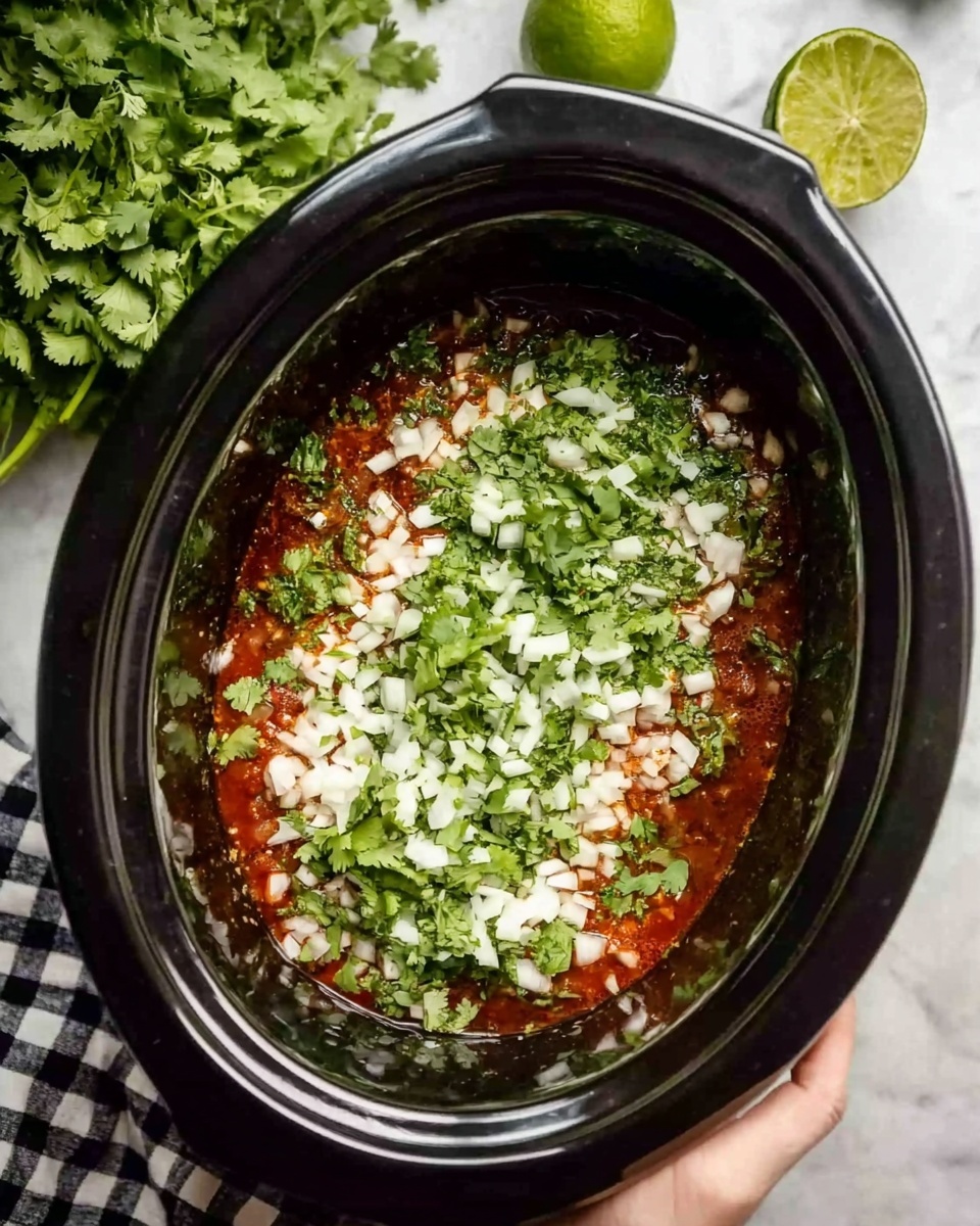 An oval black slow cooker filled with a mixture showing three layers: the bottom layer is a rich reddish-brown sauce, the middle layer is fresh green cilantro leaves scattered unevenly, and the top layer is finely chopped white onions spread all over. The slow cooker is on a white marbled surface, with bright green cilantro on the upper left and two halved limes placed on a black-and-white checkered cloth on the upper right. A woman’s hand is holding the slow cooker on the right side. Photo taken with an iphone --ar 4:5 --v 7