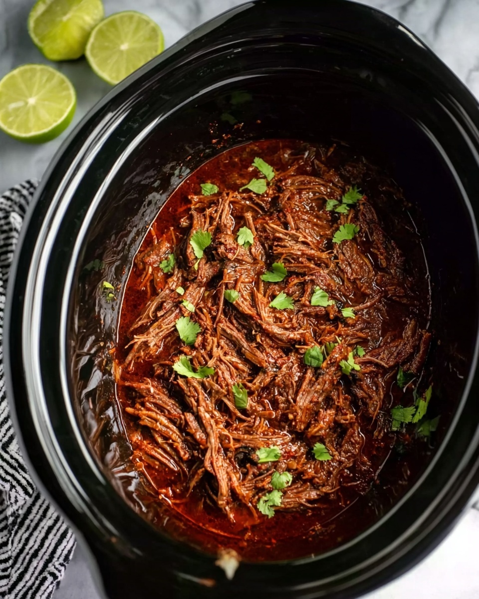 Inside a black slow cooker, there is a rich, dark brown shredded meat mixed with a deep red sauce, giving a moist texture. Small pieces of fresh green herbs are scattered on top, adding spots of bright green color. In the top left corner, two lime halves sit on a cloth with black and white lines. The scene is set on a white marbled surface. photo taken with an iphone --ar 4:5 --v 7