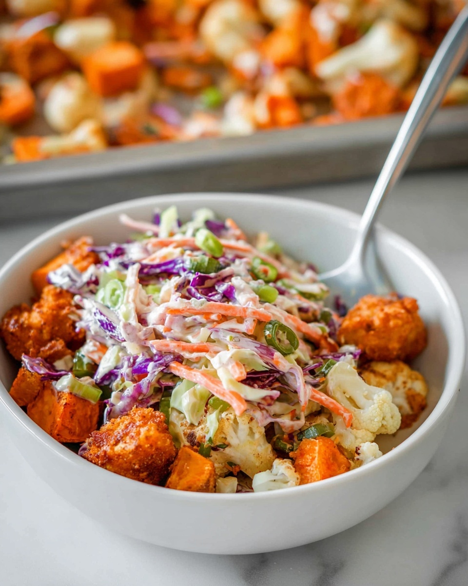 A white bowl holds a layered dish starting with a base of roasted orange sweet potato cubes and light golden cauliflower florets mixed with small bits of red onion. On top, there are crispy orange-colored pieces of chicken with a textured coating. The top layer is a creamy slaw made of thinly shredded green cabbage, purple cabbage, and orange carrot sticks mixed with green onion slices, coated in a white creamy dressing. A silver fork rests inside the bowl against the white marbled surface. In the background, a tray filled with more of the roasted vegetable and chicken mix is slightly out of focus. Photo taken with an iphone --ar 4:5 --v 7