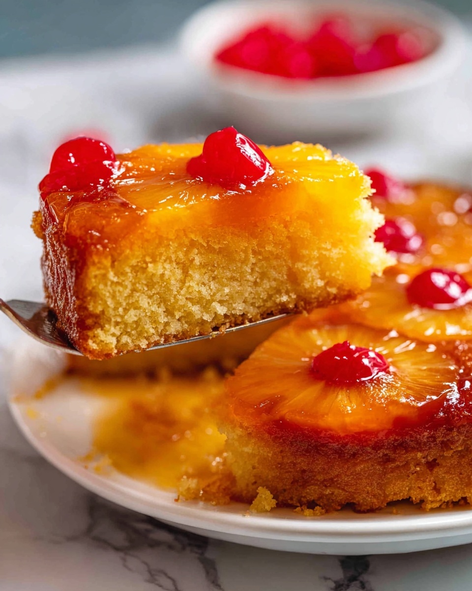 A close-up view of a slice of pineapple upside-down cake being lifted from a white plate on a white marbled surface. The cake has two main layers: the bottom layer is a golden brown, moist, and fluffy cake, while the top layer is shiny and sticky with caramelized pineapple rings and bright red cherries in the center of each ring. The slice being lifted shows the thickness of the cake, and the glossy fruit topping reflects light softly. In the background, there is a small blurred bowl of more cherries. Photo taken with an iphone --ar 4:5 --v 7