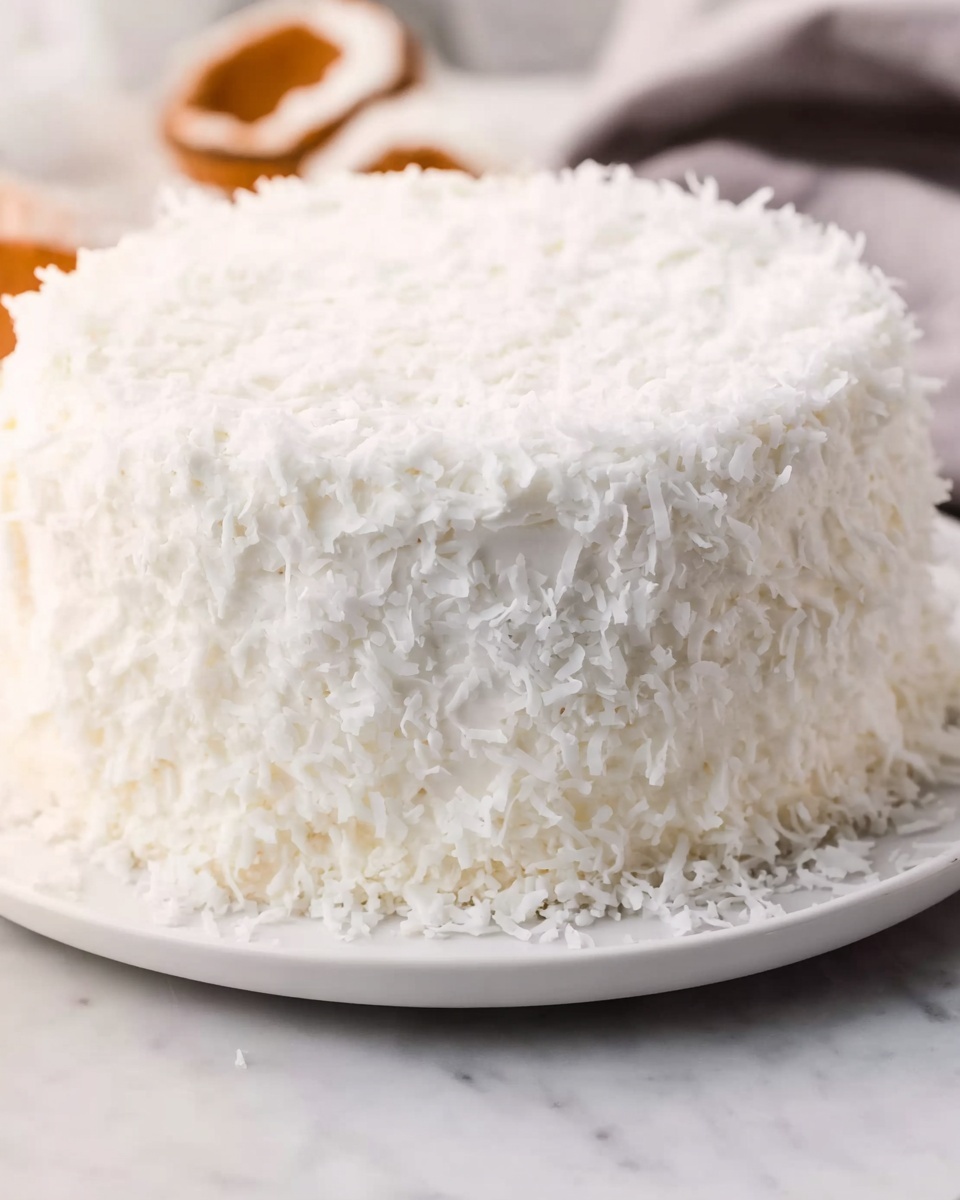 A small round cake covered fully in white frosting and sprinkled thickly with shredded white coconut around the sides and top. The cake sits on a white plate, placed on a white marbled surface. The texture of the frosting looks smooth under the fluffy coconut layer, giving the whole cake a soft, snowy appearance. Photo taken with an iphone --ar 4:5 --v 7